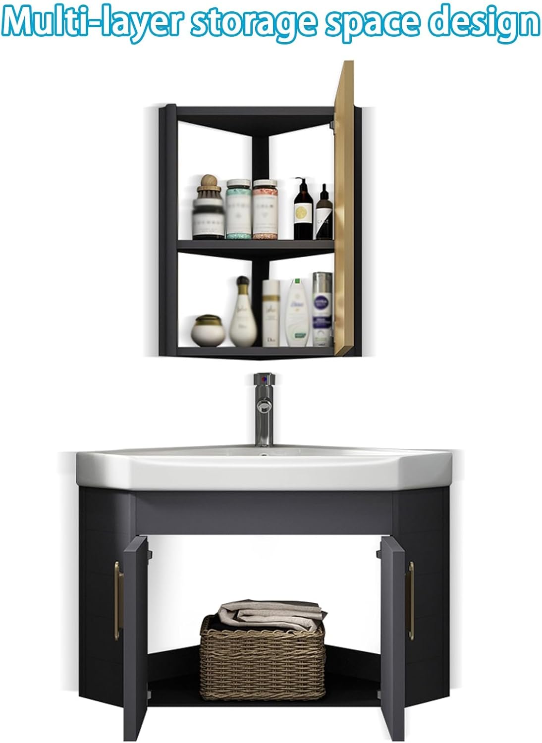 Corner Wall Mount Bathroom Sink, Bathroom Sink Cabinets, Corner Bathroom Vanity Sink, Ceramic Corner Sink with Storage Container and Mirror Cabinet, Space Aluminum Material(Gray,48cm/18.9in)