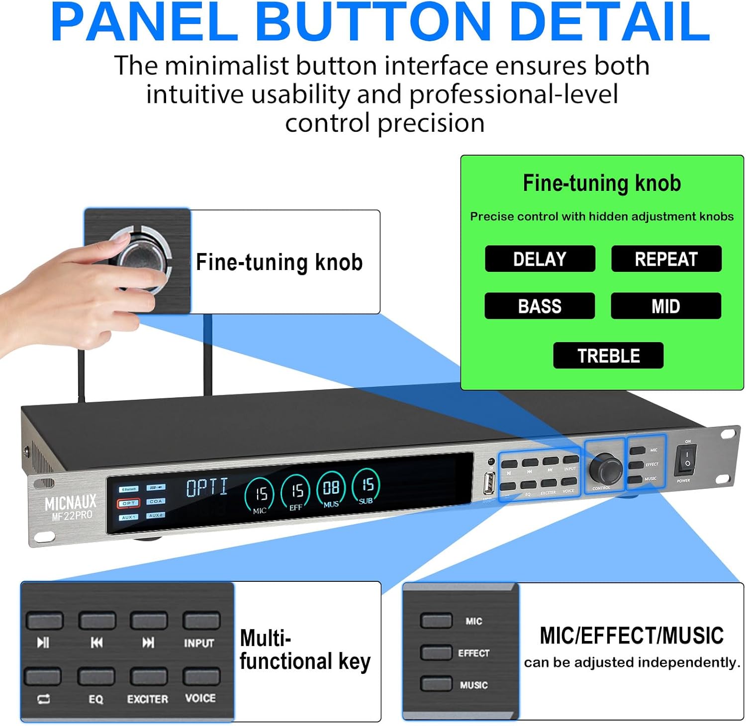 Digital Karaoke Processor KTV Mixer, Professional Pre-Stage Effector Audio Vocal Effects Processor Dual Wireless Microphones System with DSP Anti-Howling USB Bluetooth Optical Input (Silver)