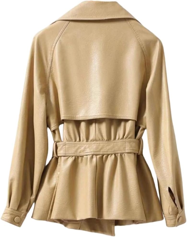 Women's Spring Lapel Pu Leather Bomber Jacket, Long Sleeves, Elastic Hem Leather Jacket