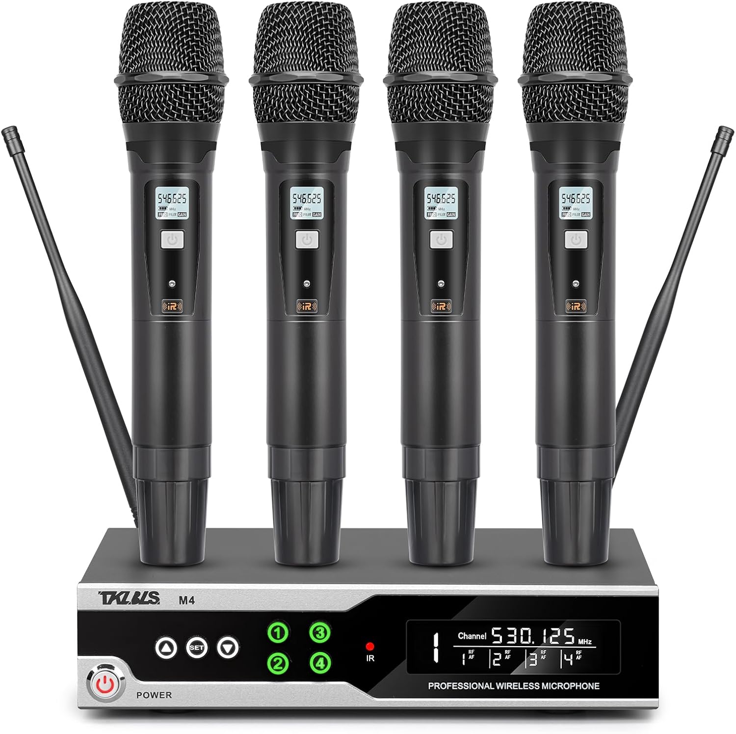 Wireless Microphone System, 4 Channel UHF System with Handheld Microphone, Dual Cordless Karaoke Microfono Set, 300FT Wireless Range, Suitable for Performances, Conferences, Wedding