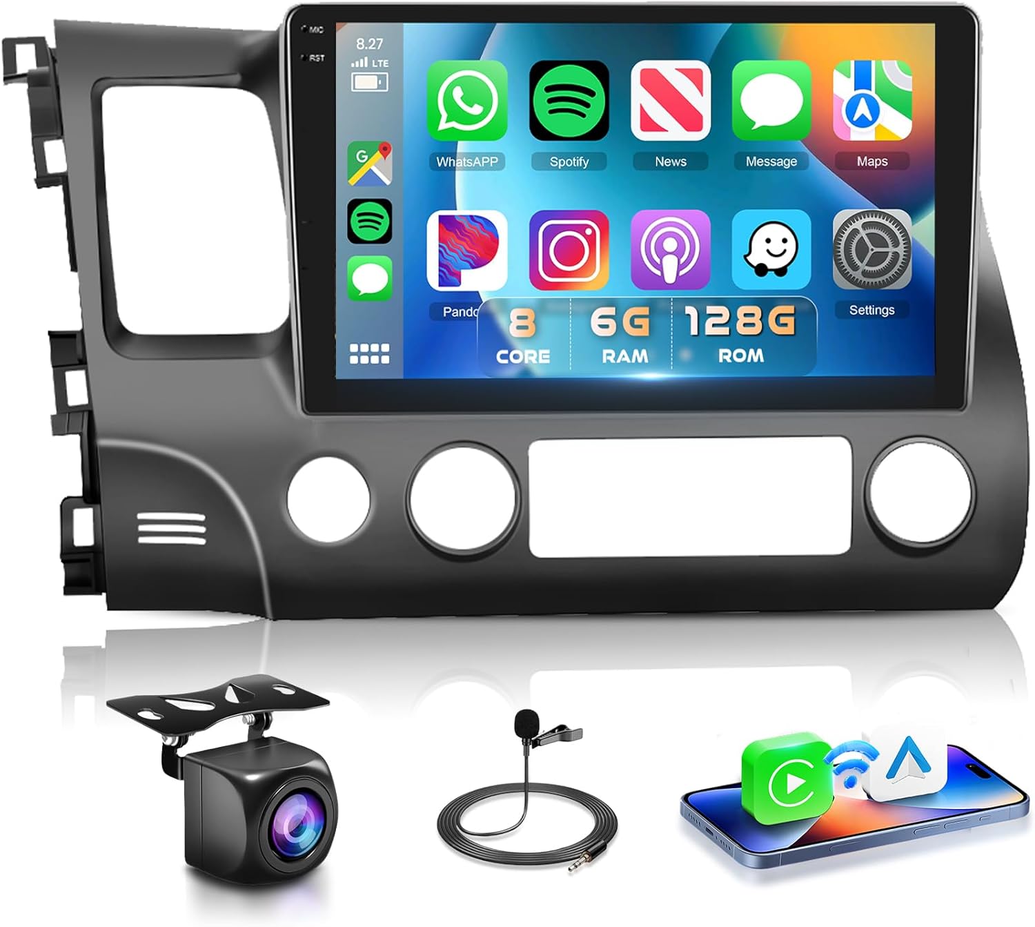 8Core 6G+128G Radio for Honda Civic 2006-2011 Android Car Stereo with 10.1inch IPS Touch Screen Wireless CarPlay Android Auto DSP FM/RDS WiFi GPS Bluetooth 5.0 AHD Backup Camera