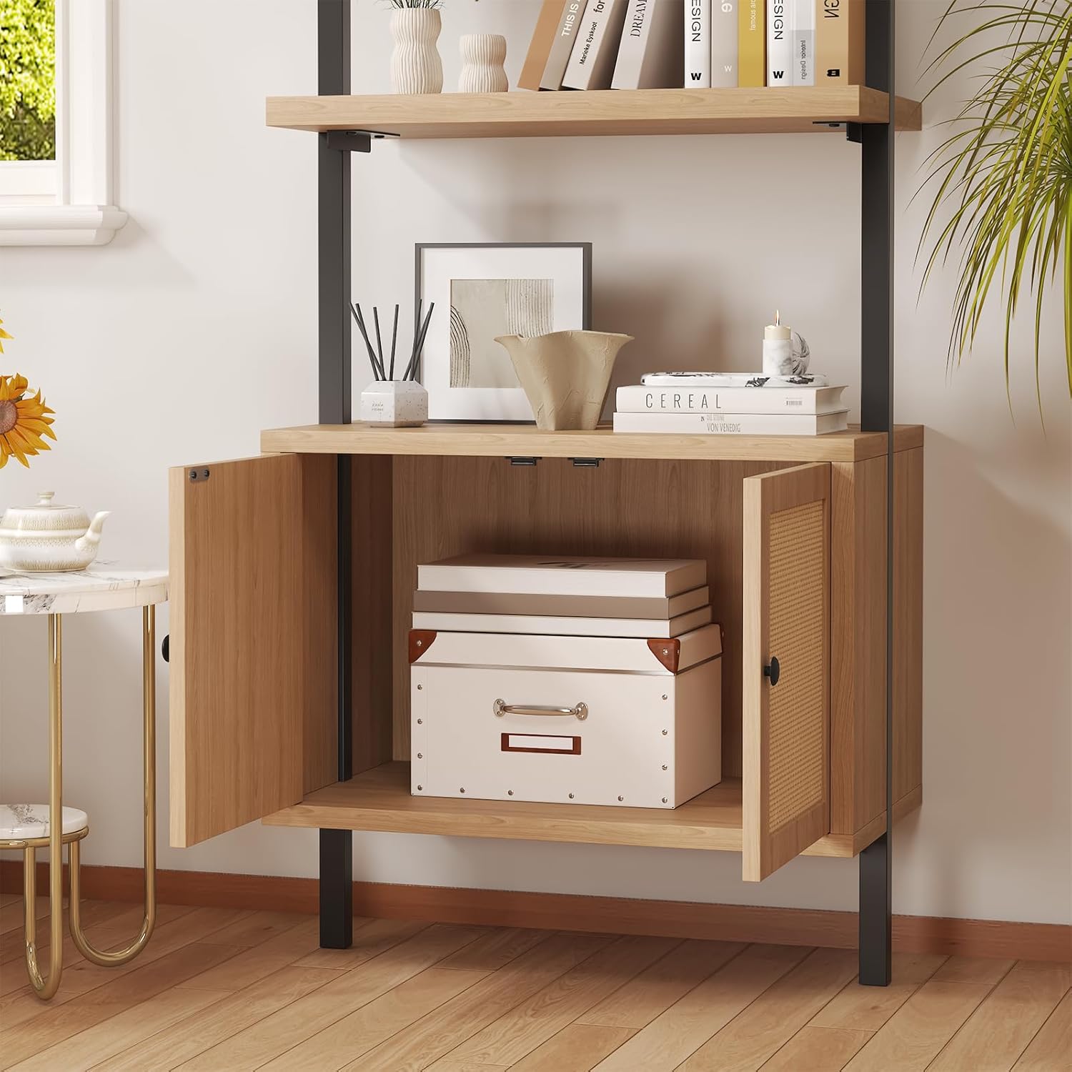 Ladder Bookshelf, 4 Tier Book Shelf with Rattan Cabinet, Wall Mount Bookshelves and Bookcases with Metal Frame, Anti Dump, Tall Bookcase for Living Room, Home Office, Bedroom Oak