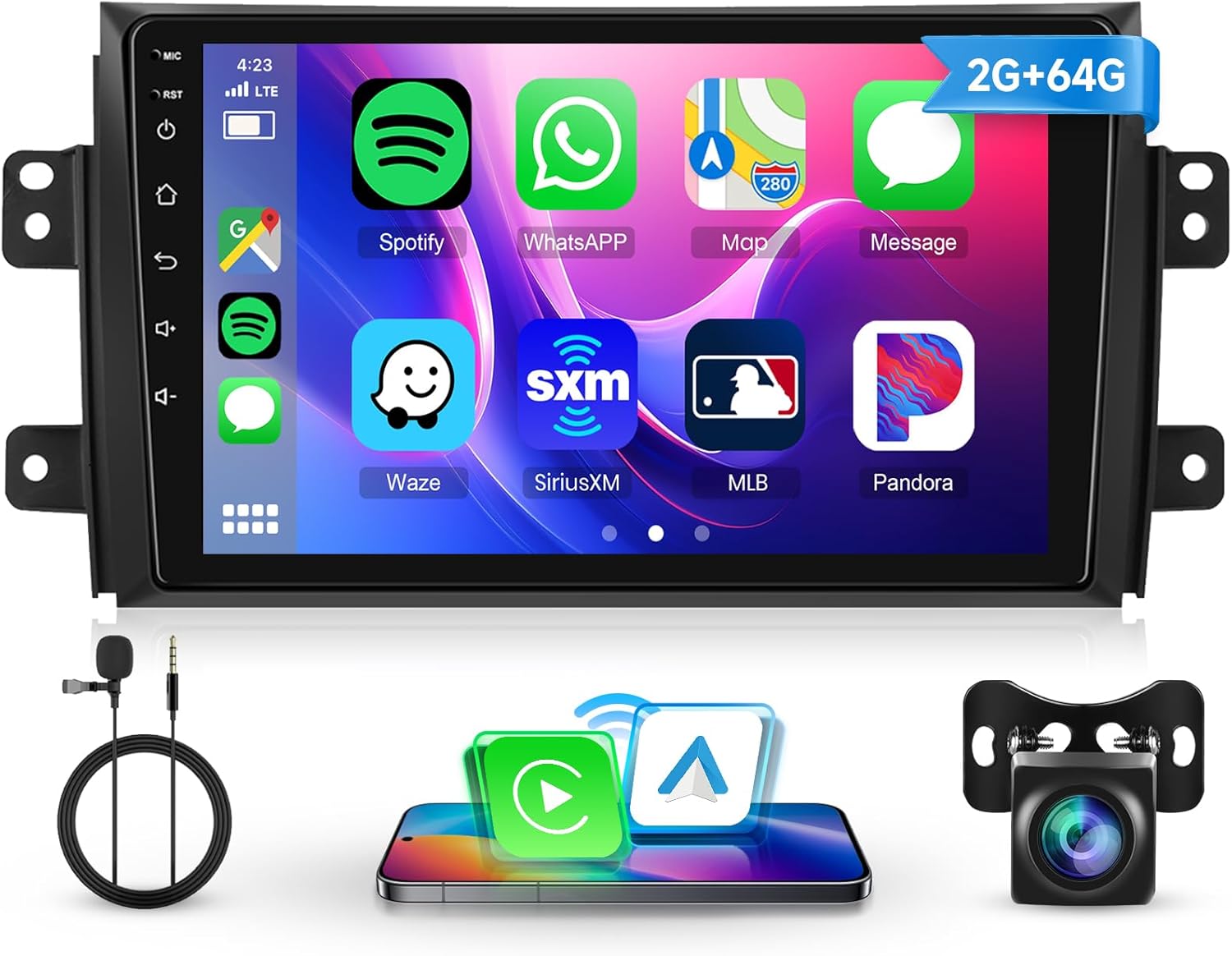 2+64G Android Stereo for Suzuki SX4 2006-2013 Support Wireless Carplay&Android Auto with 9 inch Touchscreen GPS Navigation Bluetooth USB WiFi FM/RDS Radio Receiver Backup Camera