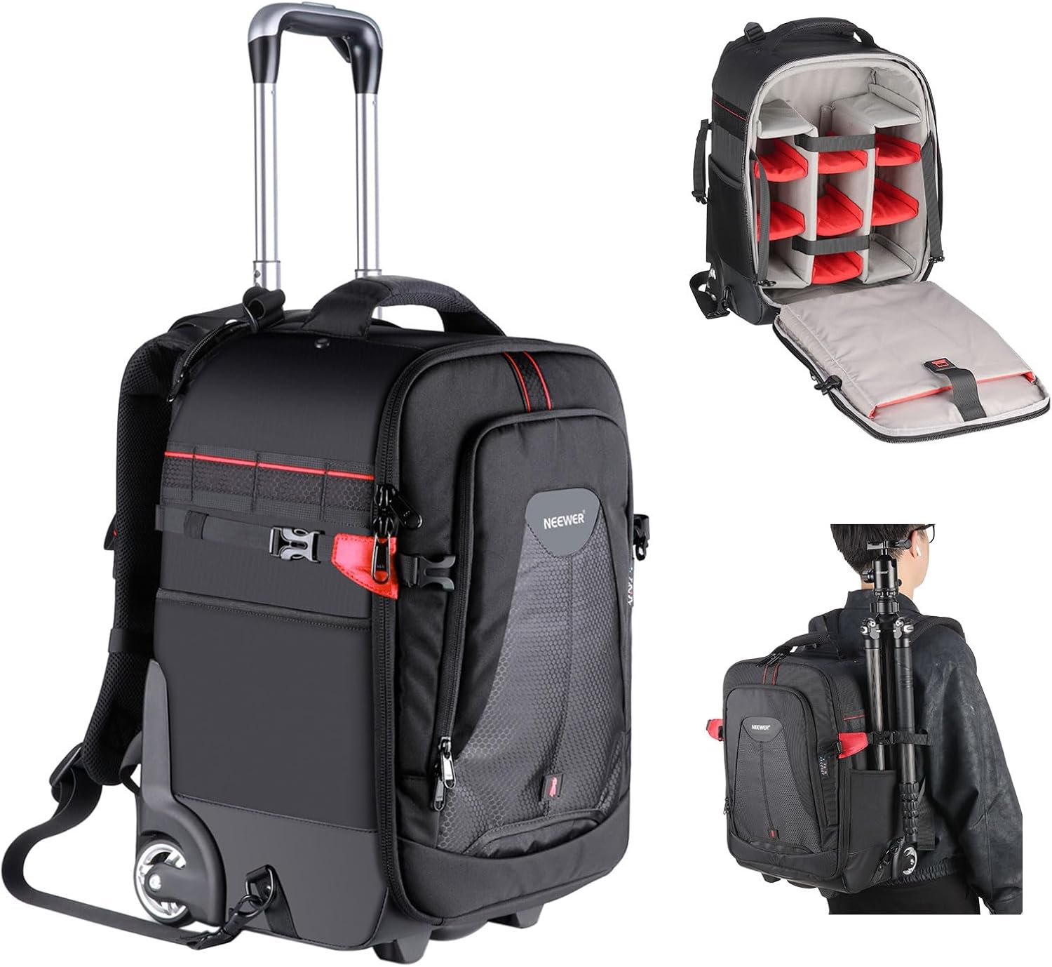 Neewer 2-in-1 Rolling Camera Backpack Trolley Case - Anti-Shock Detachable Padded Compartment, Hidden Pull Bar, Durable, Waterproof for Camera,Tripod,Flash Light,Lens,Laptop for Air Travelling(Black)