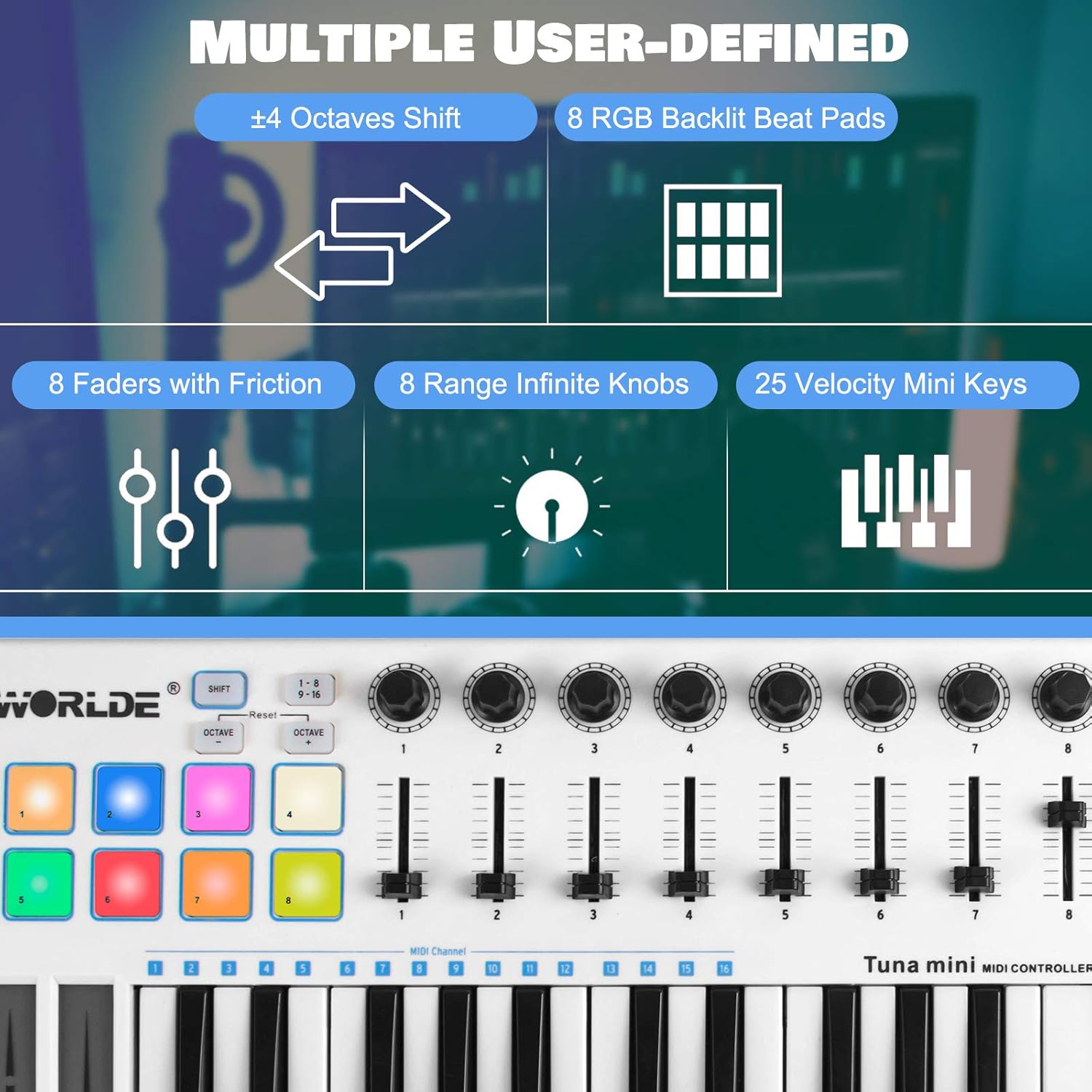 Midi Controller, lotmusic Worlde TUNA PANDA MINI 25 Keys Portable USB Midi Keyboard with 8 RGB Backlit Colorful Drum Beat