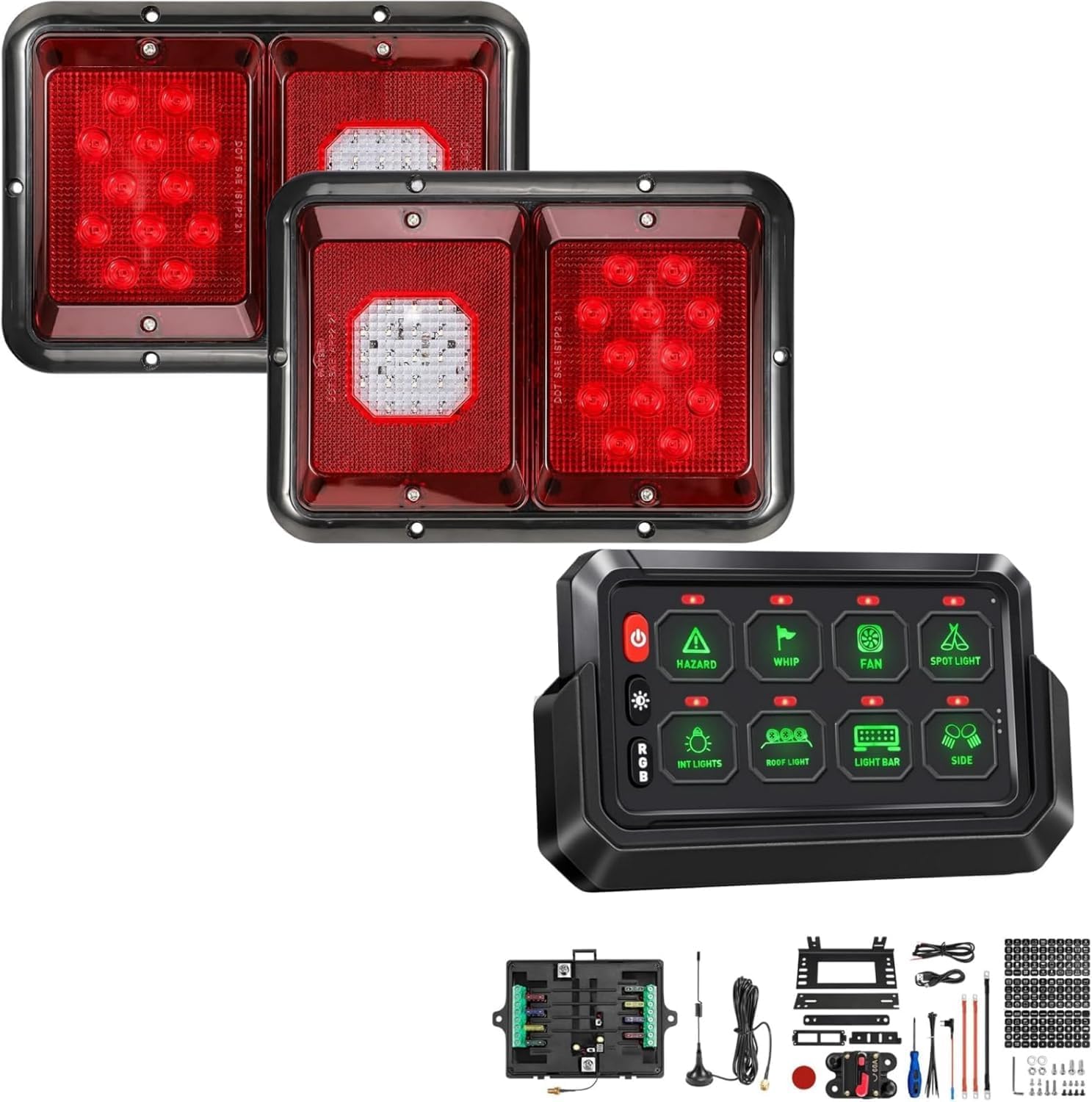 Partsam 2Pcs Double Led Trailer Tail Lights+Wireless RGB 8 Gang Switch Panel