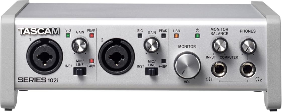 Tascam SERIES 102i 10 IN/2 OUT USB Audio Interface with MIDI, DAW Recording Software for Songwriting, Podcasting, Recording,Silver
