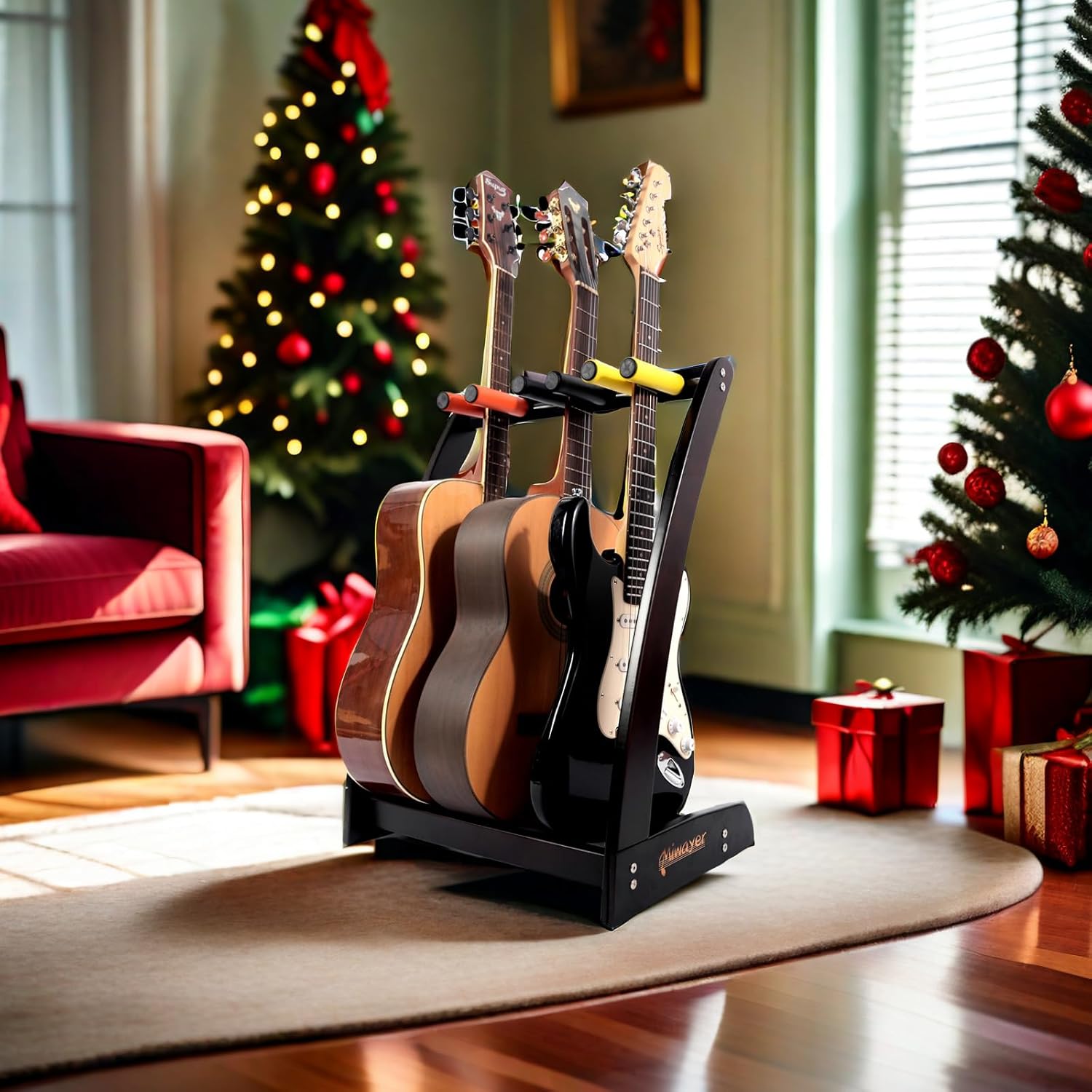 Miwayer Guitar Stand for Multiple Guitars(3 Guitar, 5 Electric or Bass), Guitar Stands Wooden for Acoustic, Electric, Bass Guitars and Cases, Floor Bamboo Guitar Rack Display (Ebony Color(5 holder))