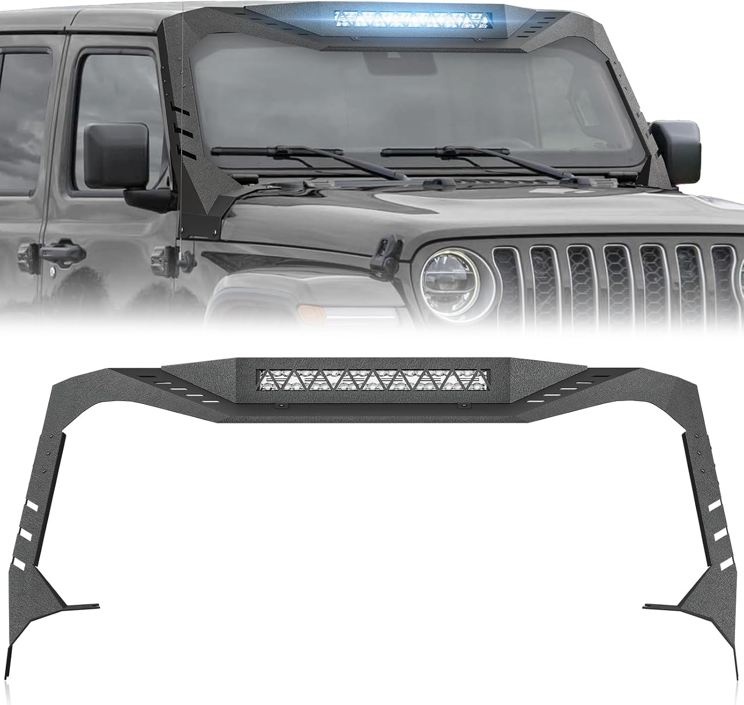 for JT JL Windshield Frame Cover Madmax Roof Sun Visor Cowl Body Armor with LED Light Bar Insert Compatible with 2018-2025 Jeep Gladiator JT & Excluding JT Mojave & JL 4xe