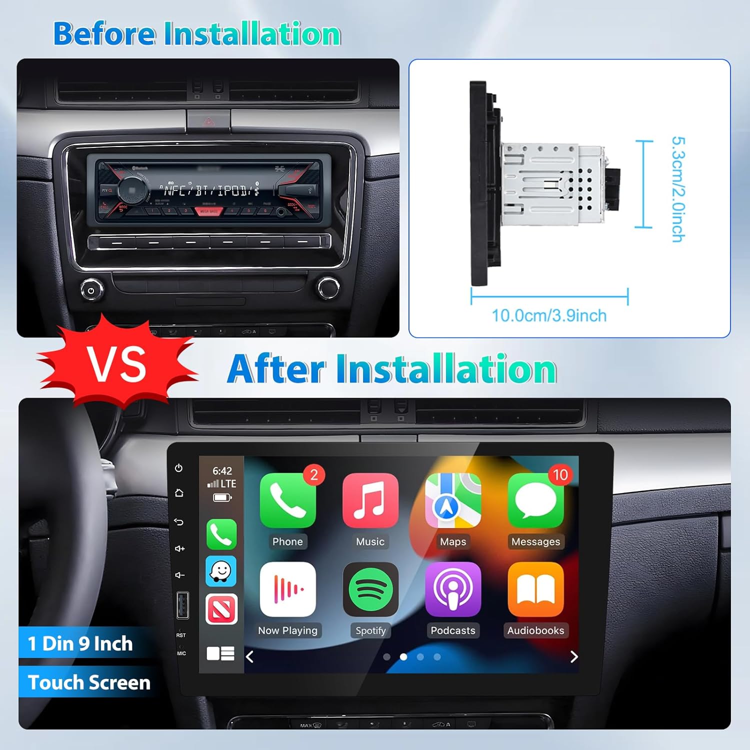 9 Inch Car Stereo Single Din Radio with Wireless Apple Carplay & Android Auto,1 Din Bluetooth Car Audio Recivers Touchscreen with iOS/Android Mirror Link FM Radio/TF/USB/AUX Input+AHD Backup Camera