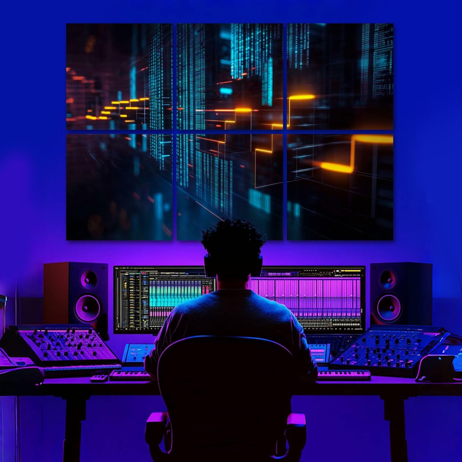 6 Pack Art Acoustic Panels Abstract trading chart big data infographics 3D Fintech glowing candle Soundproof Wall Panels, 48