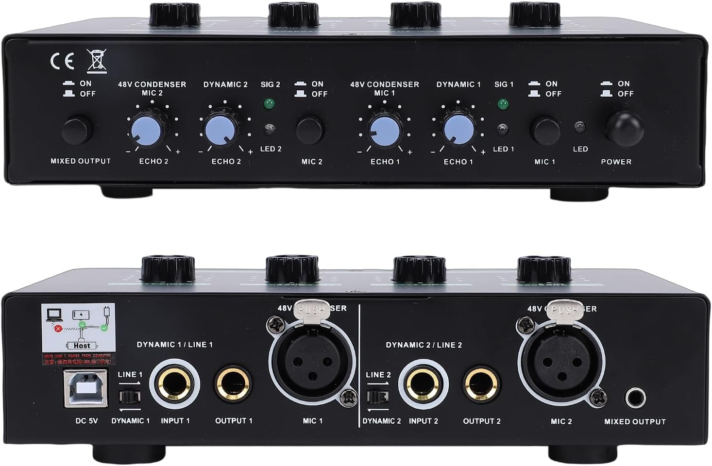 2 Channel Phan Tom Power Supply with 3.5mm Audio Cable, Iron Dynamic Condenser Mic Mixer Amplifier for Music Recording Equipment