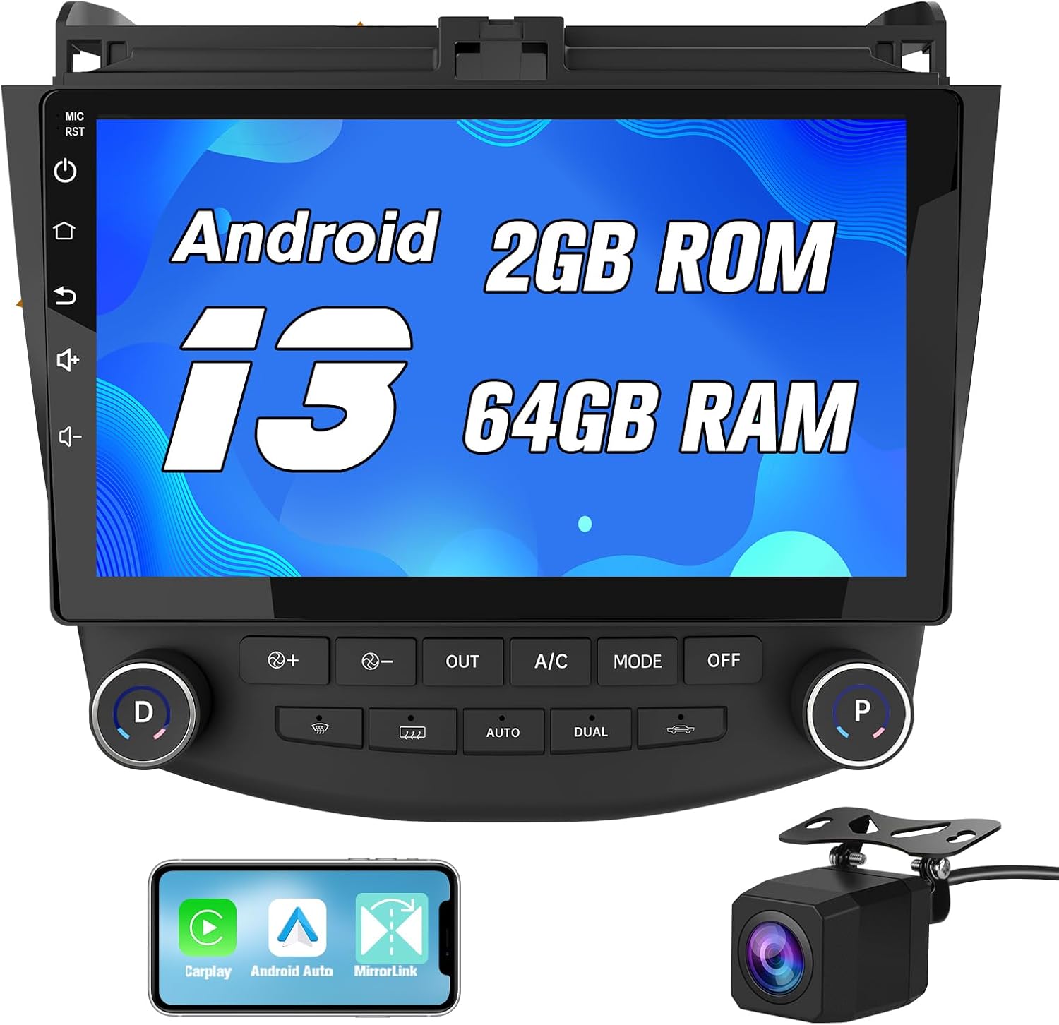Car Radio Stereo for Honda Accord 7th 2003-2007 2GB RAM+64GB ROM Android 13 Radio Upgrade Replacement 10 Inch Touchscreen with CarPlay Android Auto with Bluetooth/GPS/FM/AM/Back Camera
