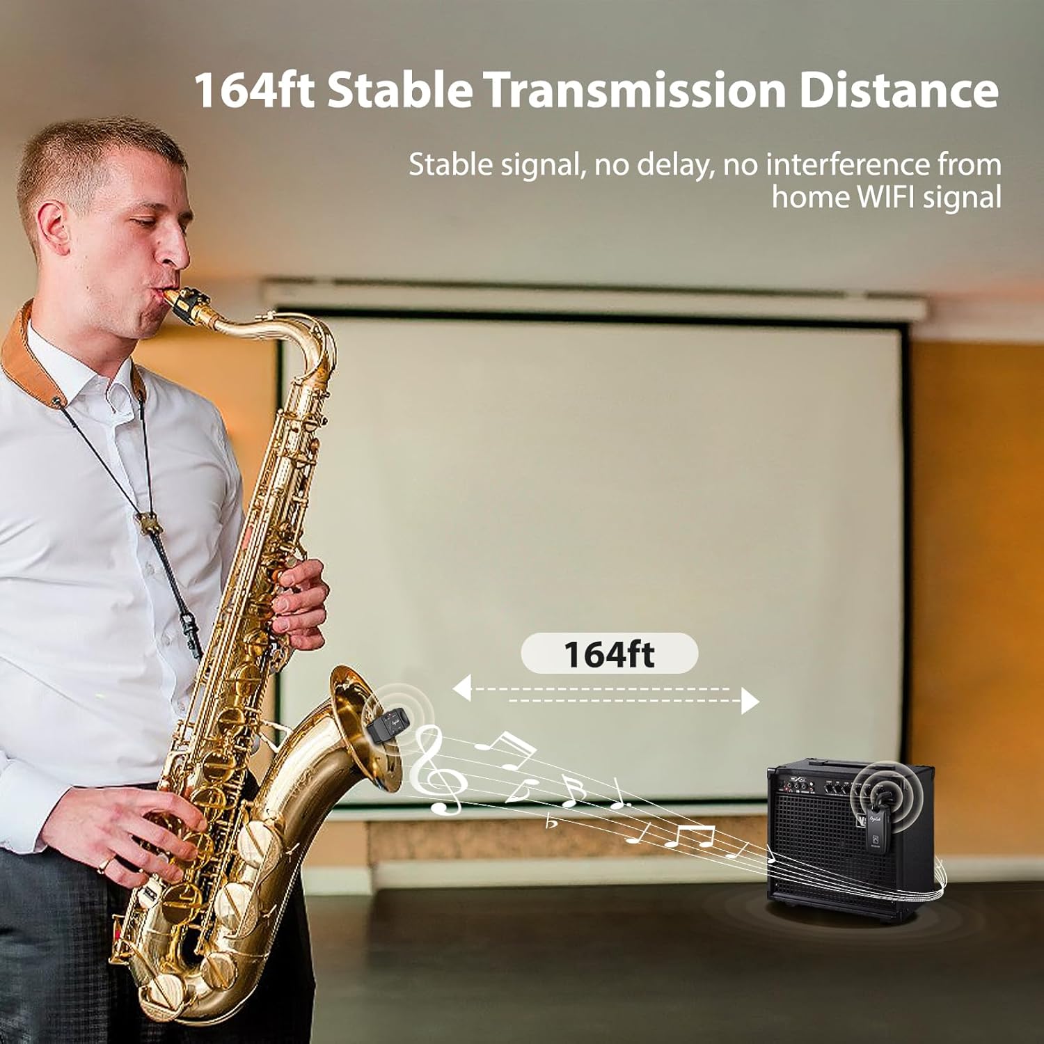 UHF Wireless Saxophone Microphone System, Rechargeable Mic Pickup System with Storage Case, 164 Feet Range, Clip-On Transmitter with Treble/Bass/Middle Adjustment, for Most Brass Instruments
