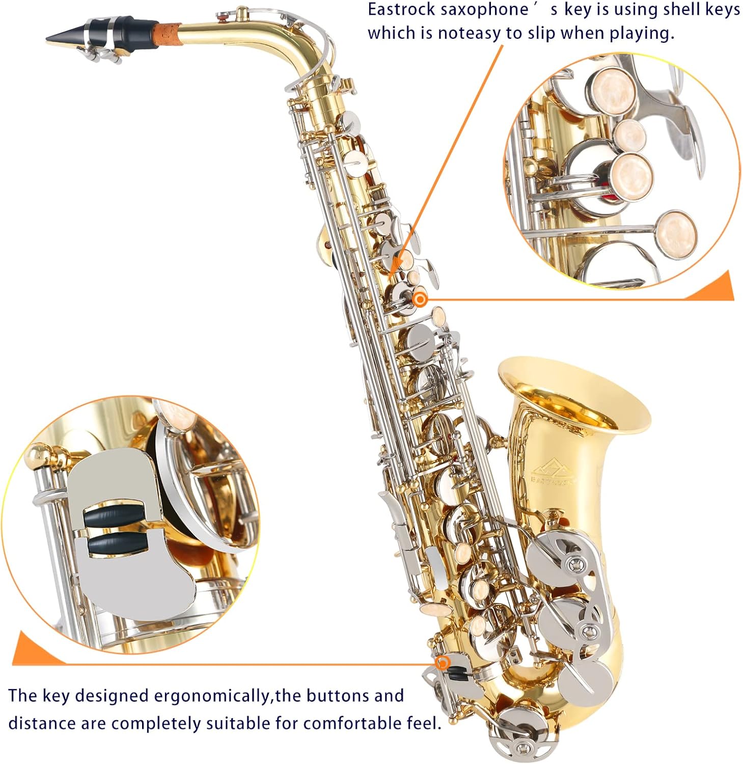 EASTROCK Gold/Nickel Alto Saxophone E Flat Sax and Metal Sheet Music Stand