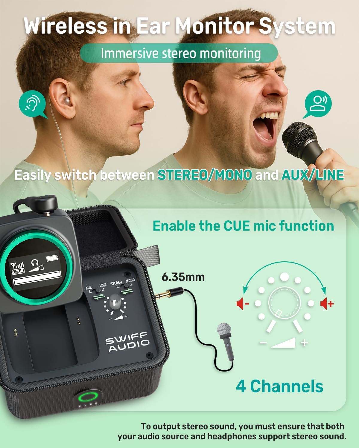 Wireless in Ear Monitor System, 5.8GHz Wireless IEM Switchable Stereo with LED Screen Receiver and Charging Case Transmitter Built-in CUE Mic, 4 Channels Design and Support for One-to-Ten