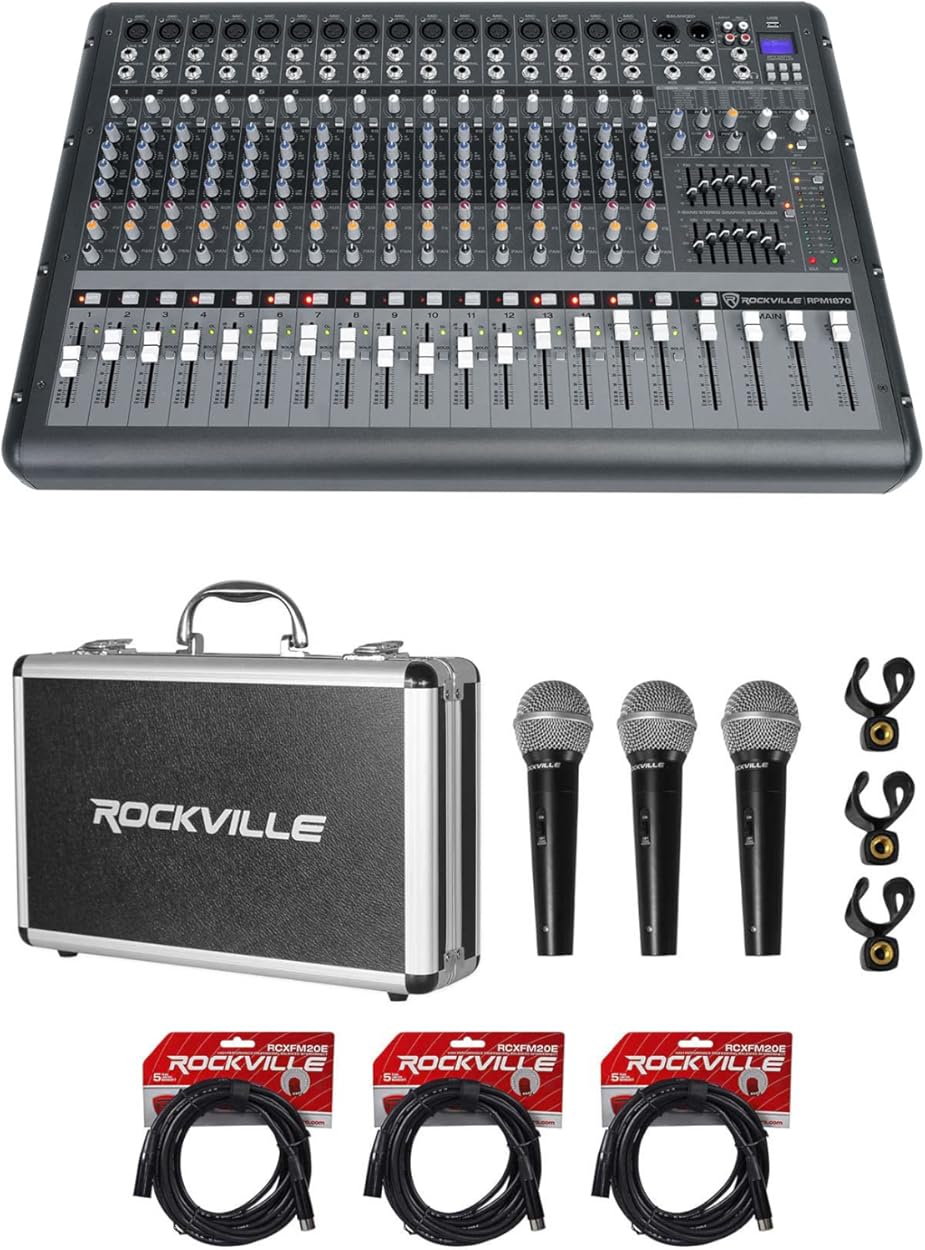 Rockville RPM1870 Bundle: 18 Channel 6000-Watt Powered Mixer with USB Effects, 3x RMC-3PK Wired Microphones with Metal Case, (3) RCXFM20E-B XLR Cables 20 ft 100% Copper, 5-items