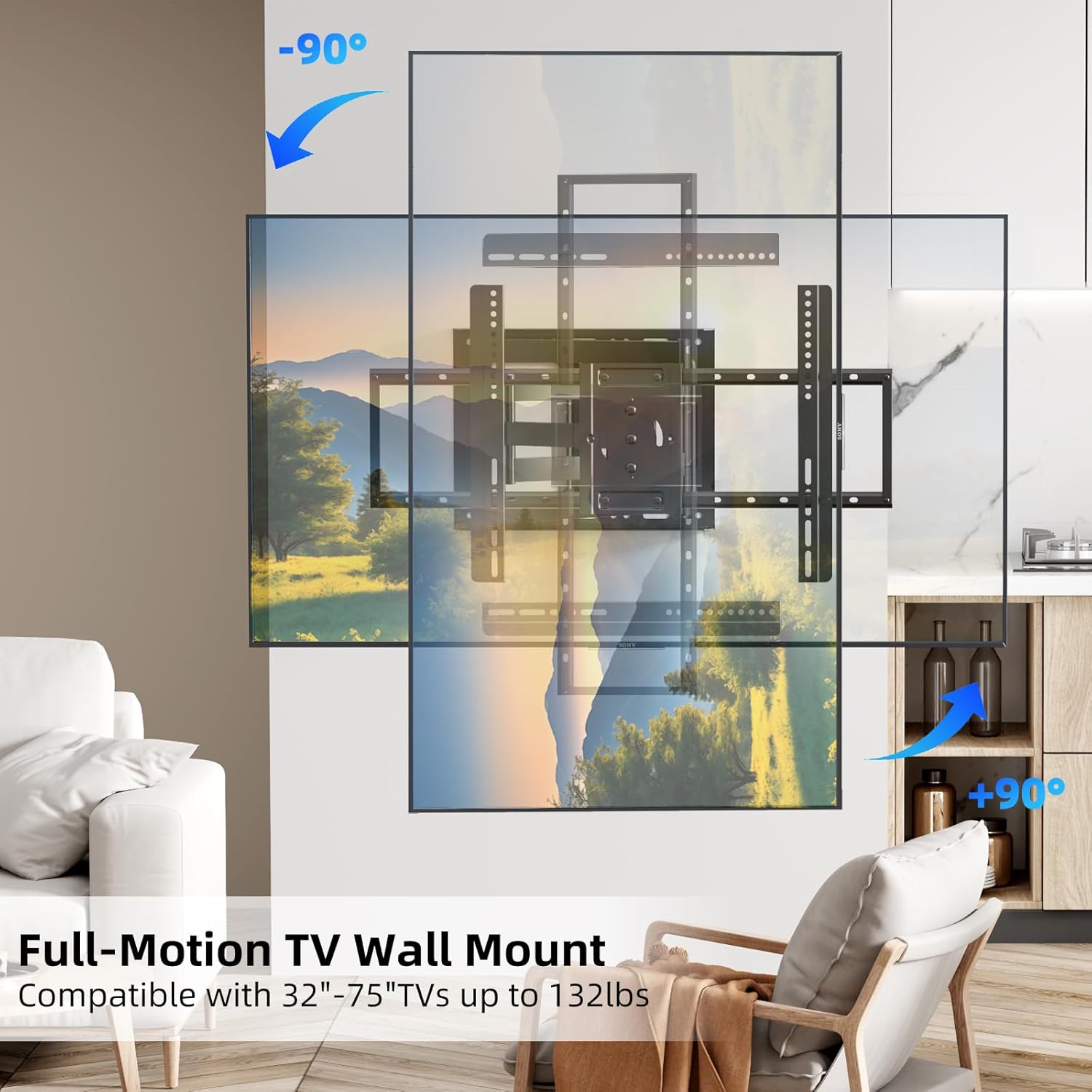 Long Arm TV Wall Mount with 180°Swivel and Tilt +5/-20° Level Adjustment, TV Bracket Screen with Rotates 90° for TVs 37-75 Inches，Fits 8