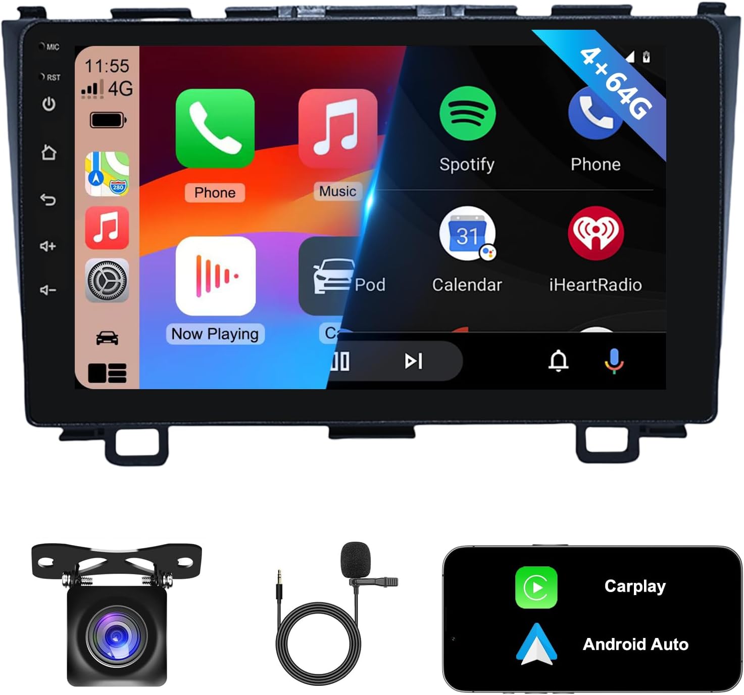 4G+64G Android13 9 Inch IPS Screen Wireless Apple Carplay Android Auto Car Stereo for Honda CRV 2007-2011 Car Radio with FM/RDS Bluetooth GPS WiFi SWC Mirror Link USB Backup Camera MIC