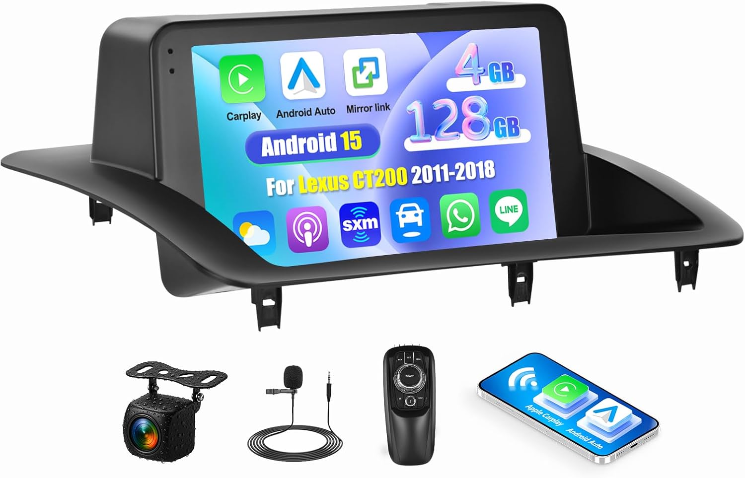 [4G+128G] Android 15 Car Radio for Lexus CT200 2011-2018 with Carplay Android Auto 9 Inch Touch Screen Bluetooth FM RDS/WiFi/GPS Navigation/SWC+AHD Backup Camera