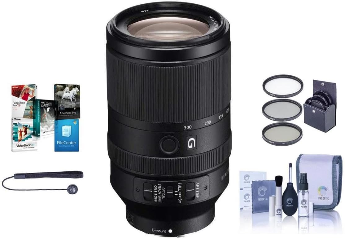 Sony FE 70-300mm f/4.5-5.6 G OSS E-Mount Lens - Bundle with 72mm Filter Kit, Cleaning Kit, Lens Wrap (19x19), Lenscap Leash, PC Software Package