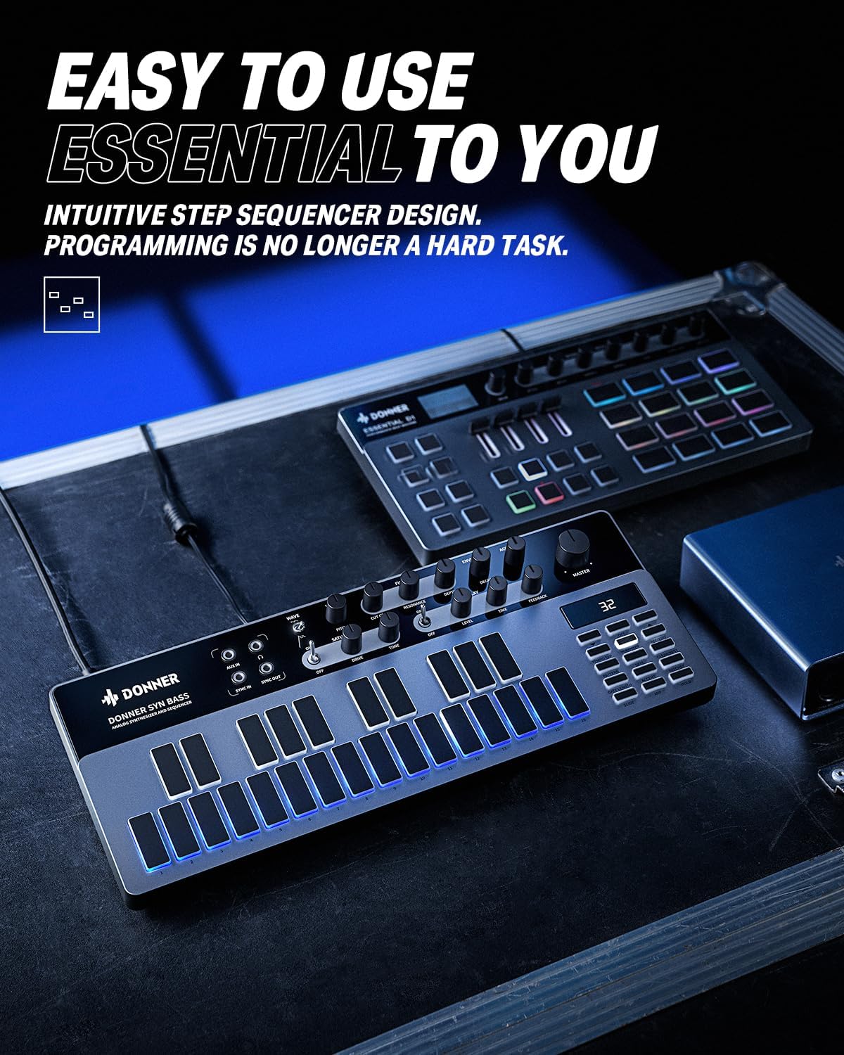 Analog Bass Synthesizer and Sequencer, Donner Essential B1 with Intuitive User Interface, 128 Patterns Memory, Saturation & Delay Effects, Make for Classic Acid Sound