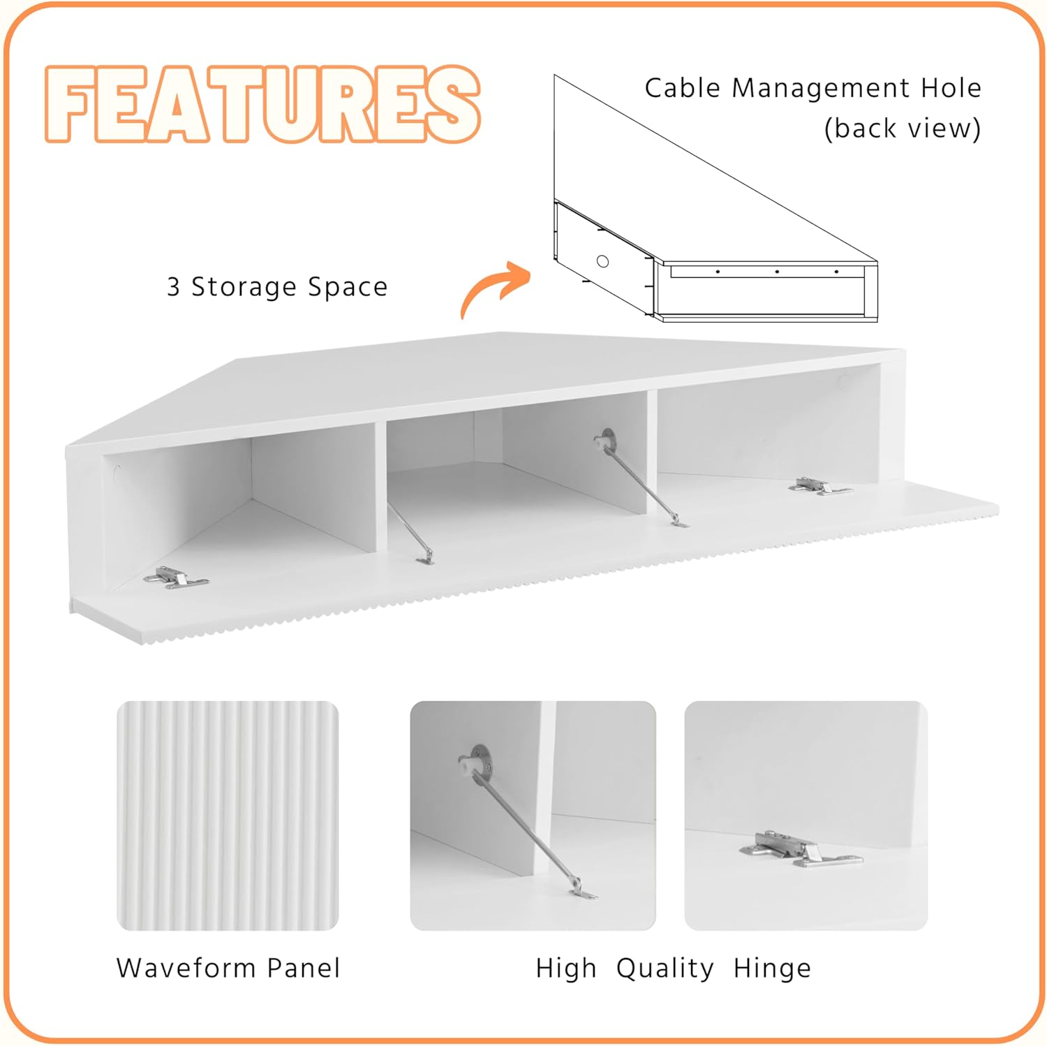 24/7 Shop at Home French 47 inch Modern Floating TV Console Table with 3D Wavy Panel Door, Wood Entertainment Center with Storage Space, Wall Corner Shelf for Living Room, Bedroom, Office, White Pure