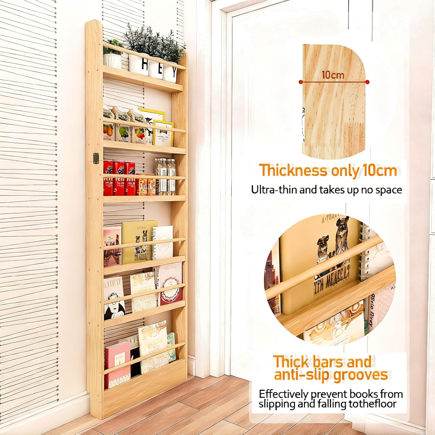 Behind The Door Bookshelf, Wooden Kids Bookshelf 6-Tier Organizer for Books and Toy Storage Wall Mount for Adult Space-Saving Book Shelf in Bedroom, Living Room, Playroom Wood