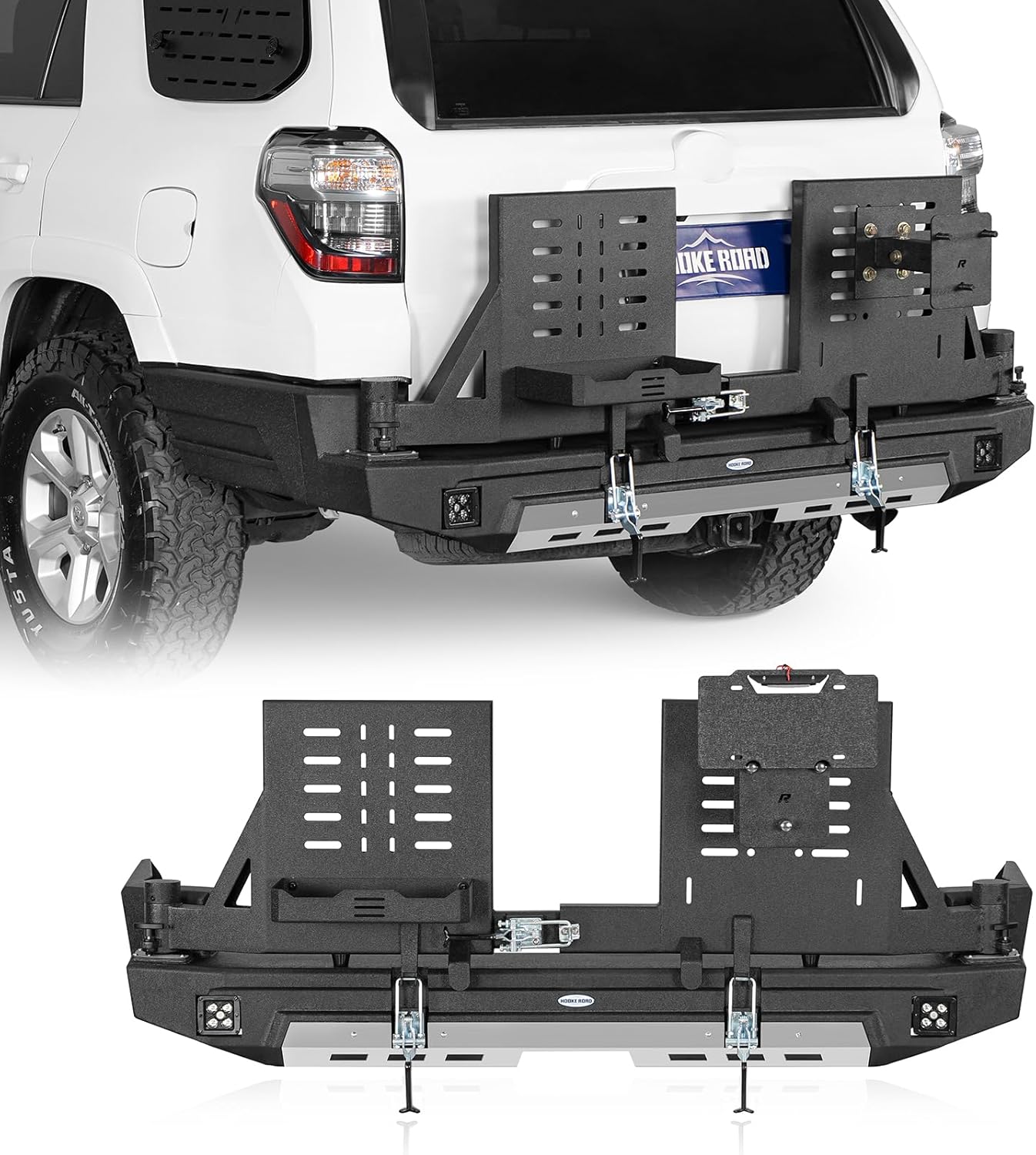 Hooke Road 4Runner Rear Bumper w/Dual Swing Out Arms for 2010-2024 Toyota 4Runner 5th Gen, Heavy Duty Off Road Replacement Bumper w/Spare Tire Carrier & 5.3-Gallon Jerry Can Holder
