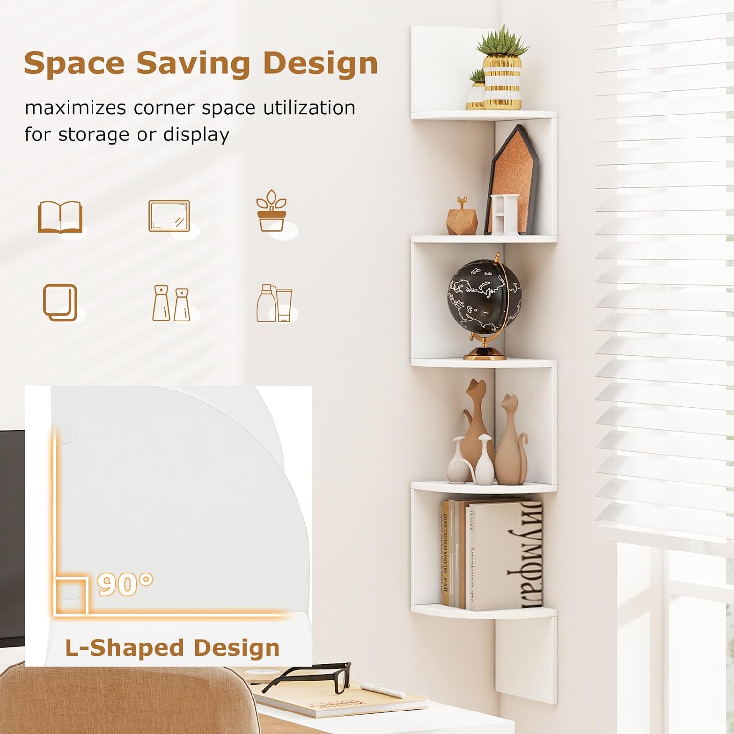 Tangkula 5-Tier Corner Shelf Wall Mount, Farmhouse Floating Corner Bookshelf, Industrial Modern Display Shelf Stand, Wooden Storage Organizer for Living Room Home Office (2, White)