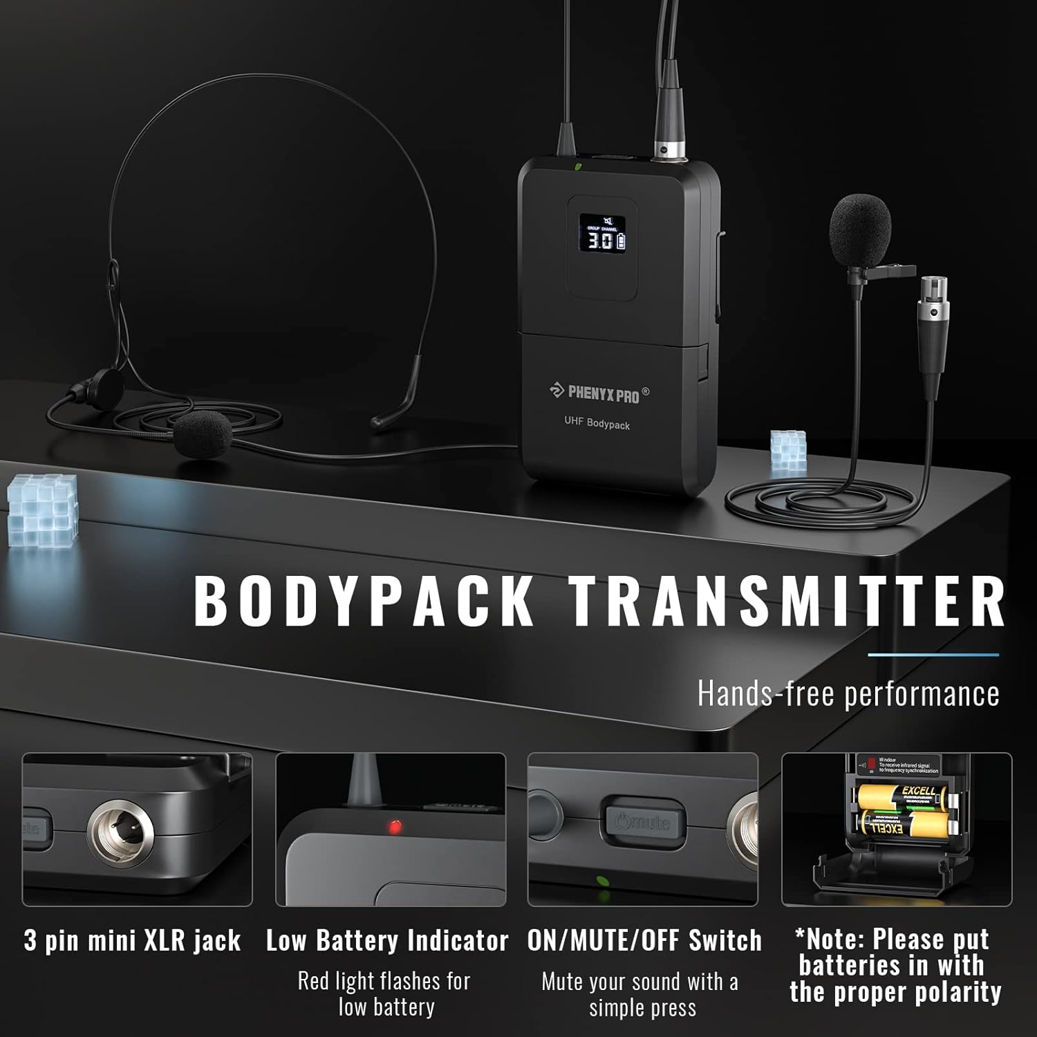 Phenyx Pro Wireless Microphone System, Dual Mic Set with Handheld/Bodypack/Lapel Mics,2x100 UHF Channels,328ft Range PTU-71-1H1B Bundle with The Medium Size Carrying Case