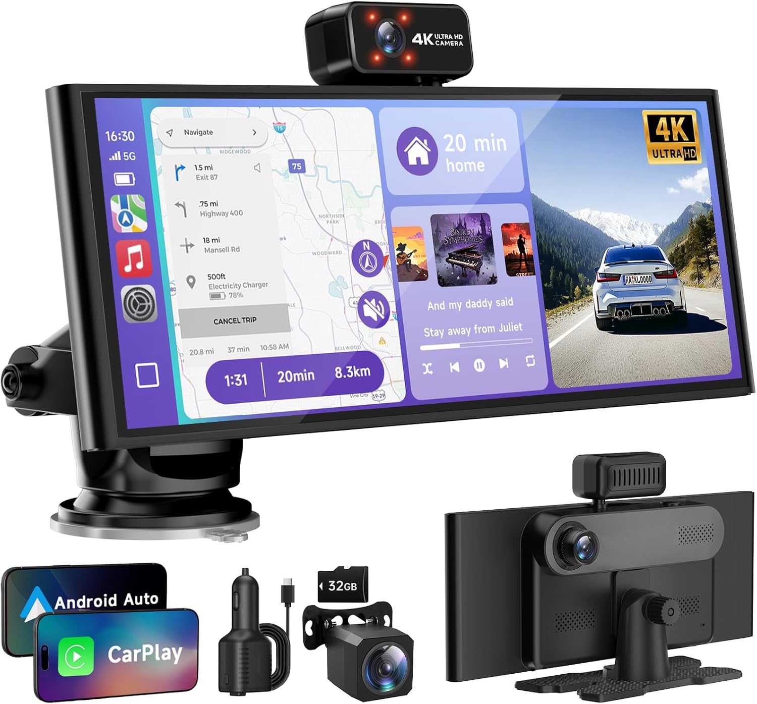 CarPlay Screen for Car Tablet Android Auto Smart Screen for Car, 4K Dash Cam Portable Car Play with 3 Channel Camera Backup Camera,10.26” Wireless Display FM Radio Stereo Bluetooth 5.2, 32GB Black