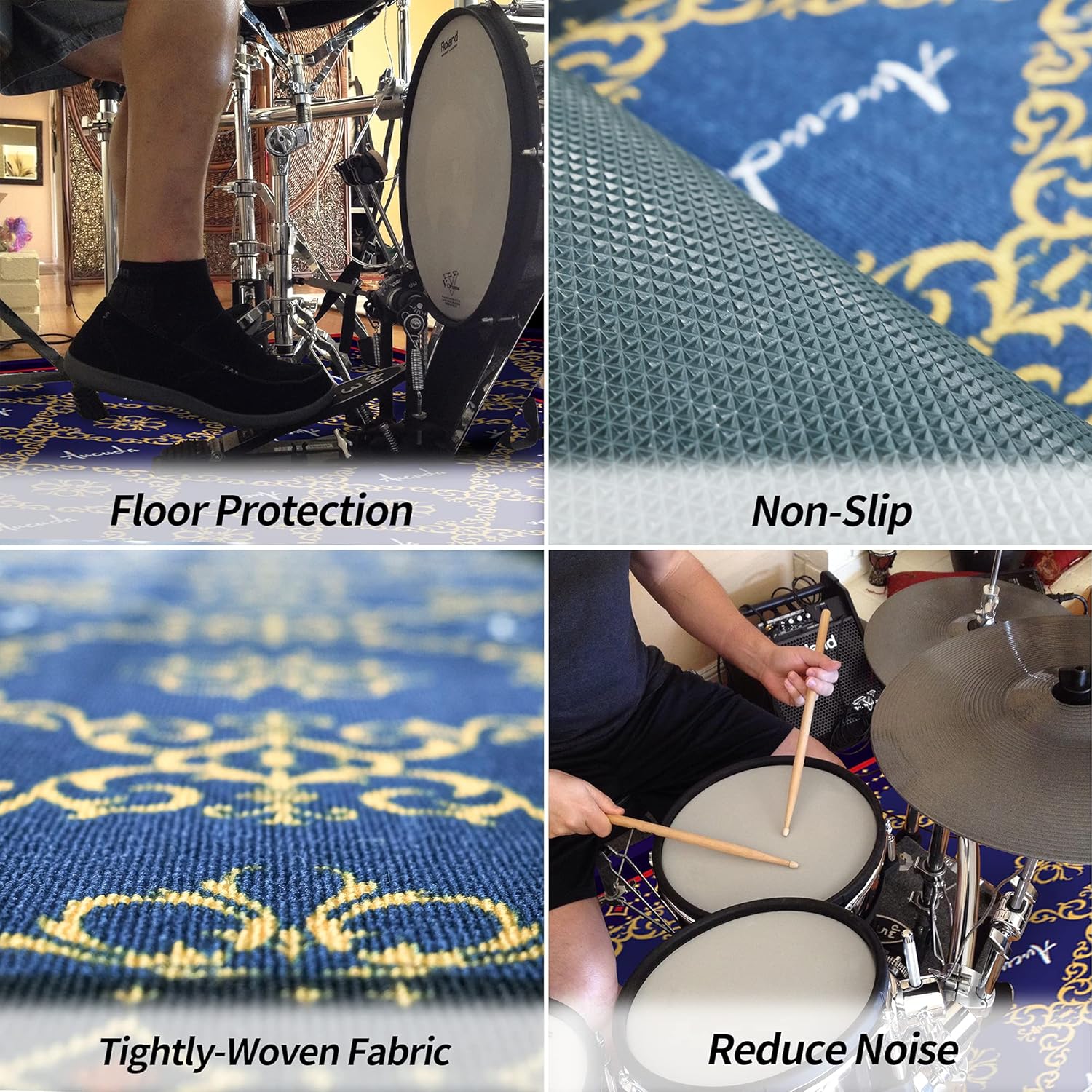 Aucuda Blue Drum Rug 4x6ft Drum Mat Outdoor, Tightly Woven Fabric Cool Drum Set Carpet with Non-Slip Grip Bottom, Electric Drum Accessories for Studio, Apartment, Soundproof, Guitar, No Crease.