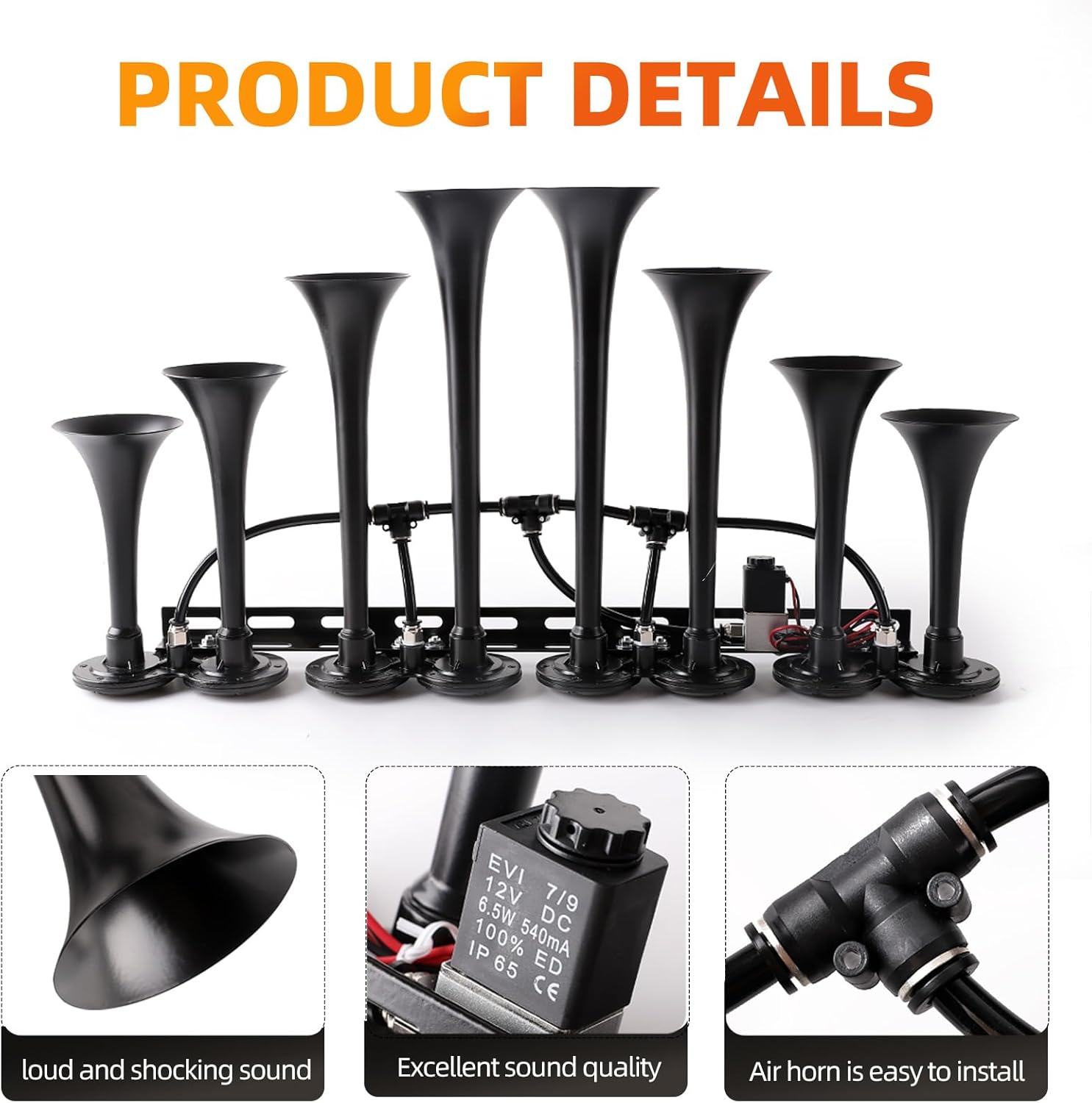 8-Trumpet Train Horn Metal Kit, 800dB super loud Air horn.Truck horns Suitable for 12V Large vehicles, such as semi-automatic driving/pickup/cars/trucks/RVs/SUVs, etc. (black wiht button)