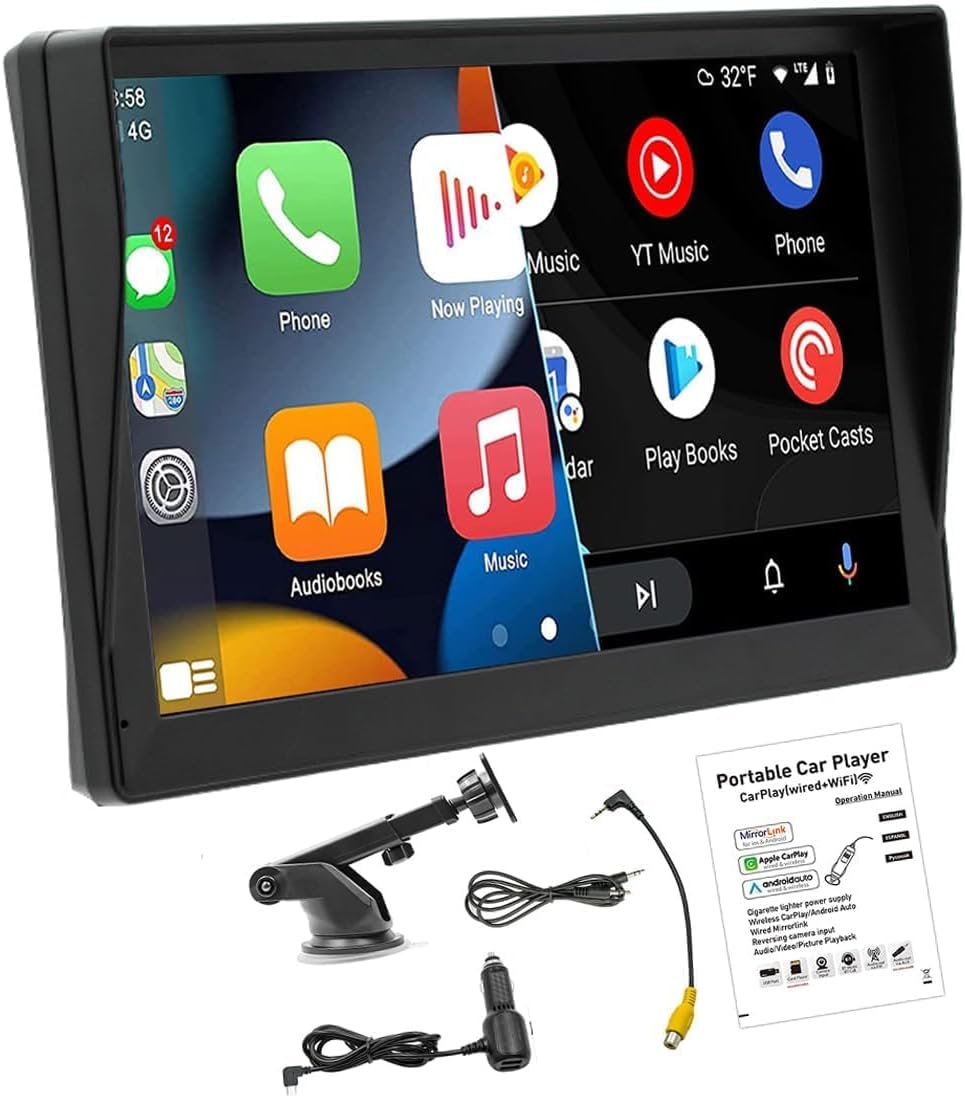 Portable Wireless Apple CarPlay and Android Auto Car Radio Stereo with Sunshade, 9 inch Touchscreen Monitor Bluetooth Car Stereo with DVR, Mirror Link/FM/AUX Transmitter for 12V-24V Vehicle