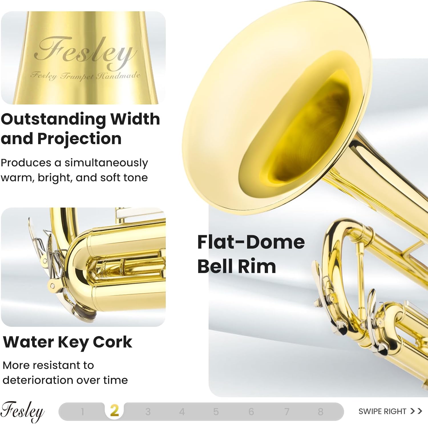 Fesley Bb Standard Trumpet Set: Brass Trumpets for Beginner Student, Brass Trumpet Instrument with 7C Mouthpiece, Hard Case, Cleaning Kit (Golden)