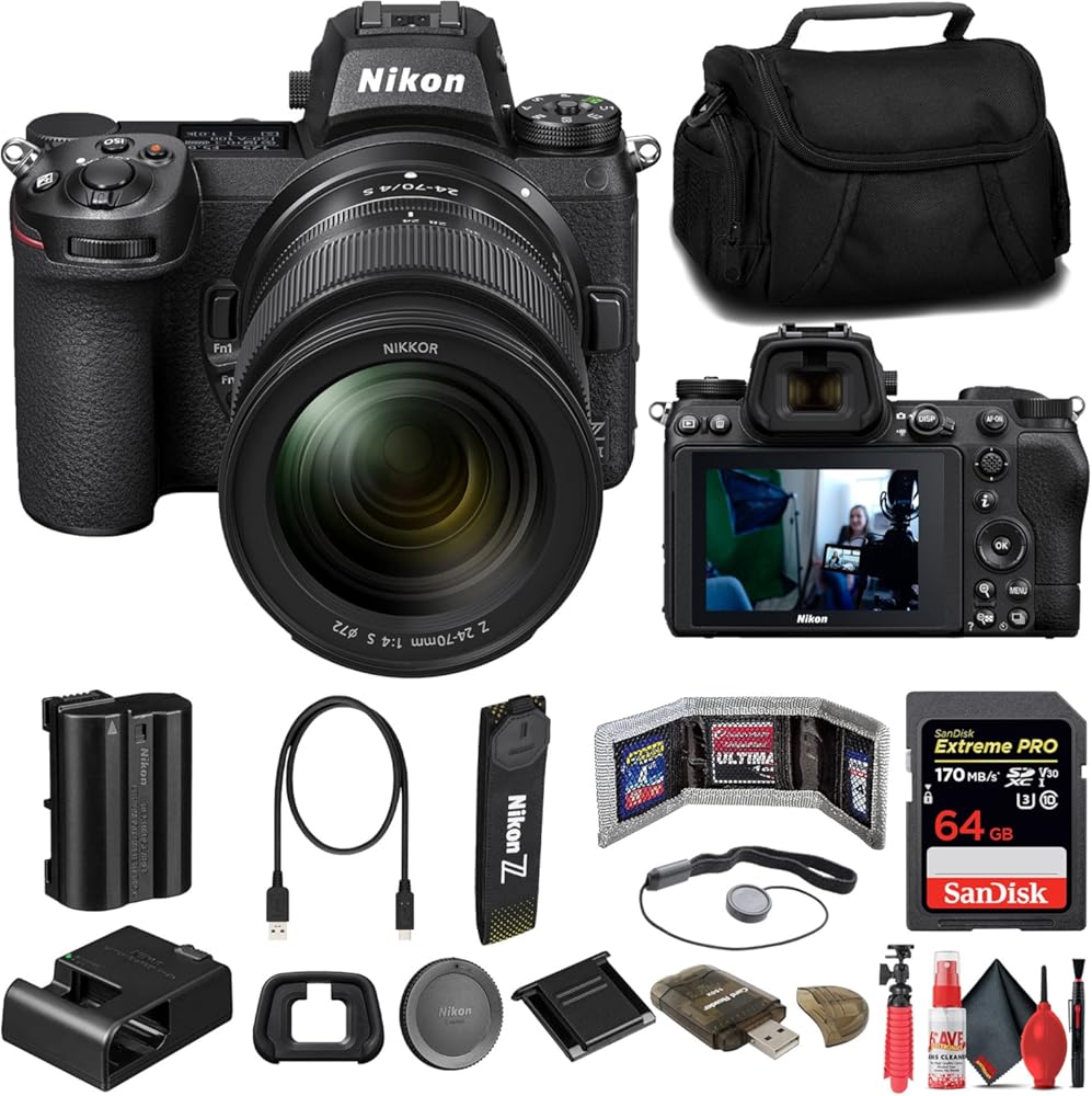 Nikon Z7 II Mirrorless Camera with 24-70mm f/4 Lens (1656) + 64GB Memory Card + Bag + Card Reader + Flex Tripod + Hand Strap + Memory Wallet + Cap Keeper + Cleaning Kit (Renewed)