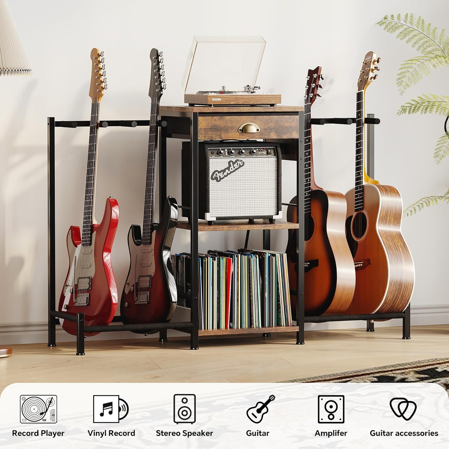 Homeiju 6-Guitar Floor Stand with Charging Station & 3-Tier Storage, Guitar Rack with Amp Stand & Cloth Drawer, Rubber Protected Guitar Holder for Studio/Home , Heavy Duty Metal Frame​