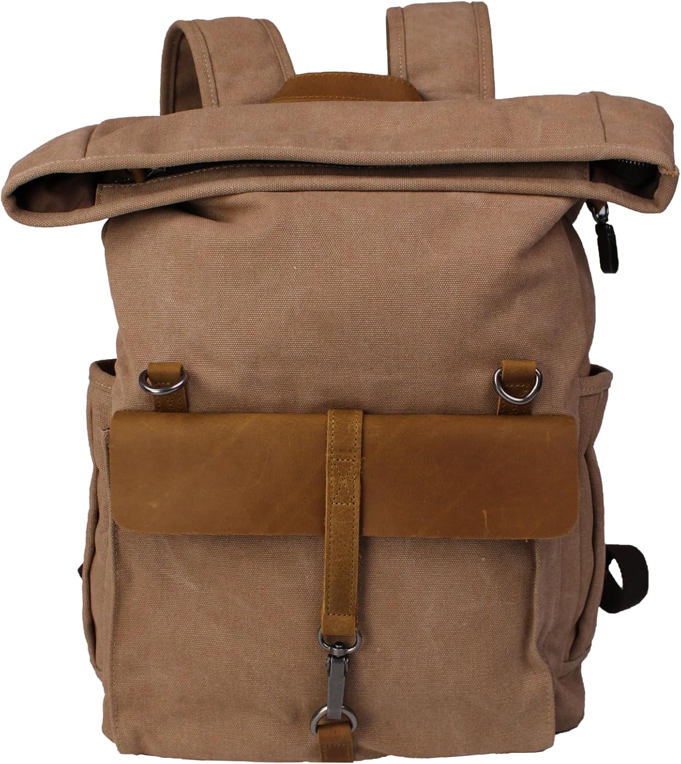 Canvas Roll Head Backpack with Top Layer Cowhide Suitable Expandable Laptop Backpacks For 16 Inch Laptops, Vintage Backpacks For Men And Women Traveling, Hiking(8828-Khaki)