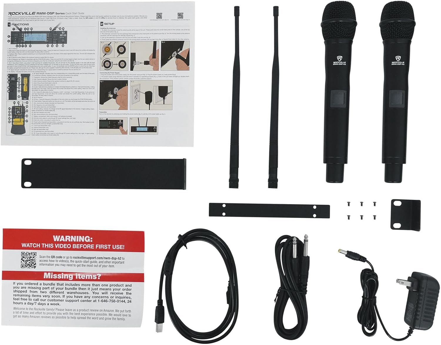Rockville RWM-DSP-H2 Dual Handheld UHF Wireless Microphone System, DSP Control, Adjustable EQ, Delay, Feedback Filter, OLED Display, 200 Channels, 400-600 ft Range, Includes 2 Mics & Rack Mount