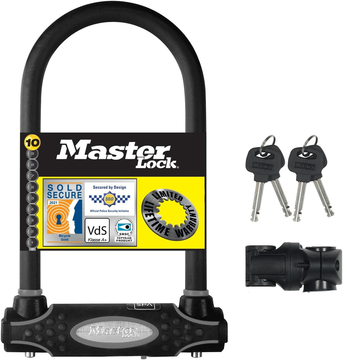 Master Lock Heavy Duty Bike D Lock - Black - Key Lock - 13mm Hardened Steel Shackle - Anti Drill Plate - Dual Locking Mechanism - Anti Dust Cover