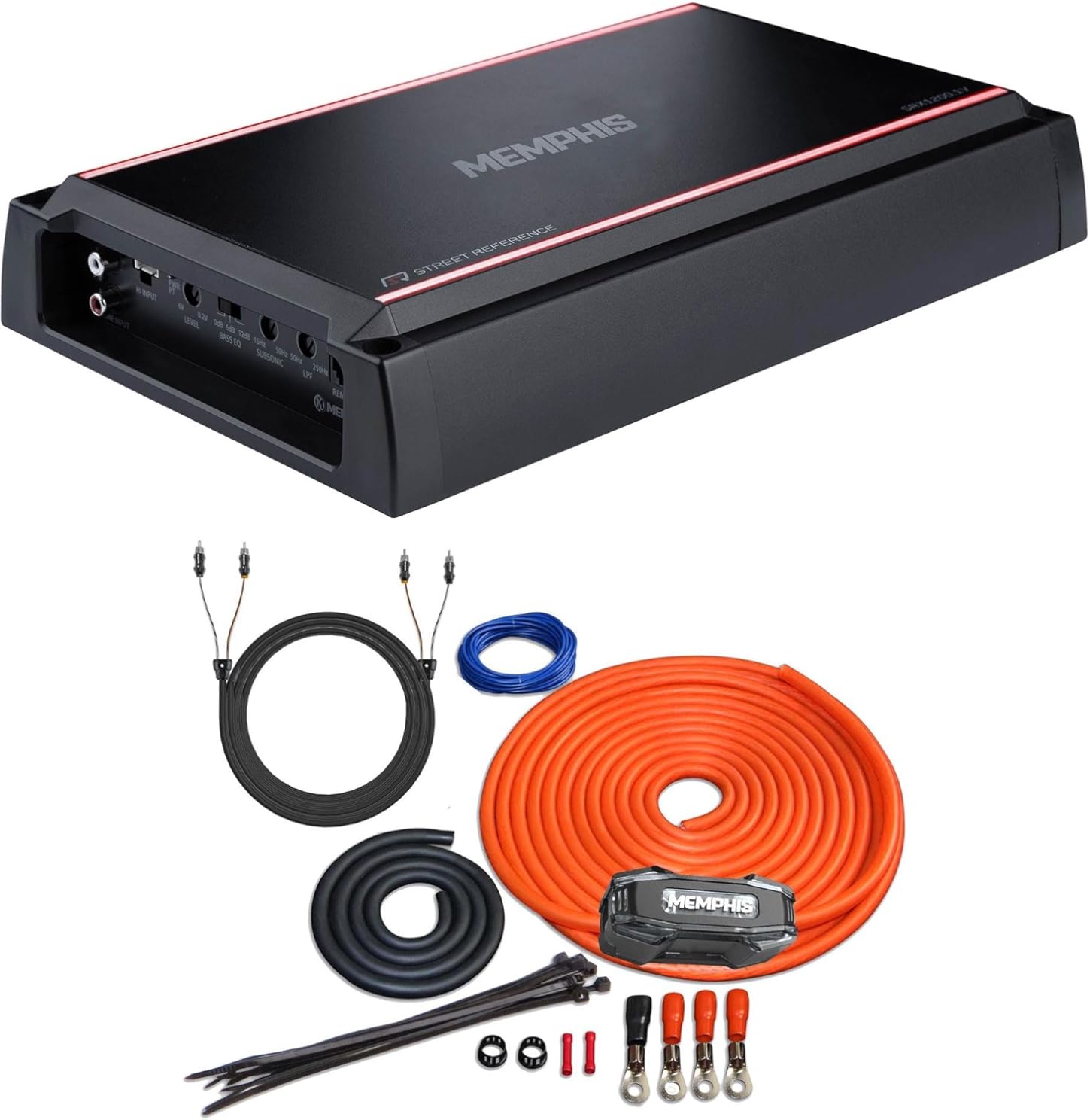 Memphis SRX1200.1V 1200x1 at 1 Ohm SR Amplifier with Memphis 4 ga Wire Kit
