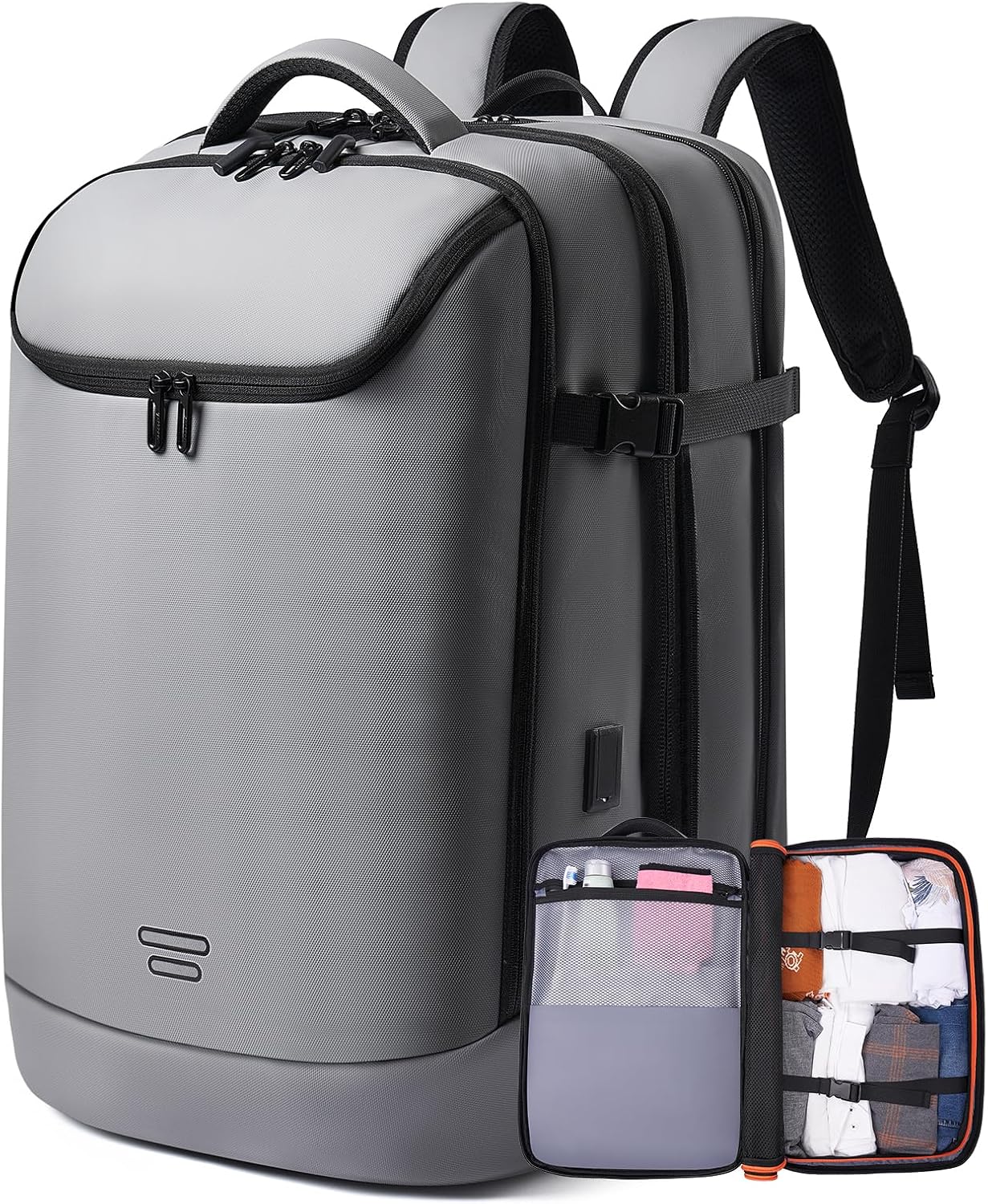 Carry on Backpack Airline Approved for Men, Travel 50L Expandable backpack Luggage Fits 17.3 Inch Laptop with USB Charging Port(grey)
