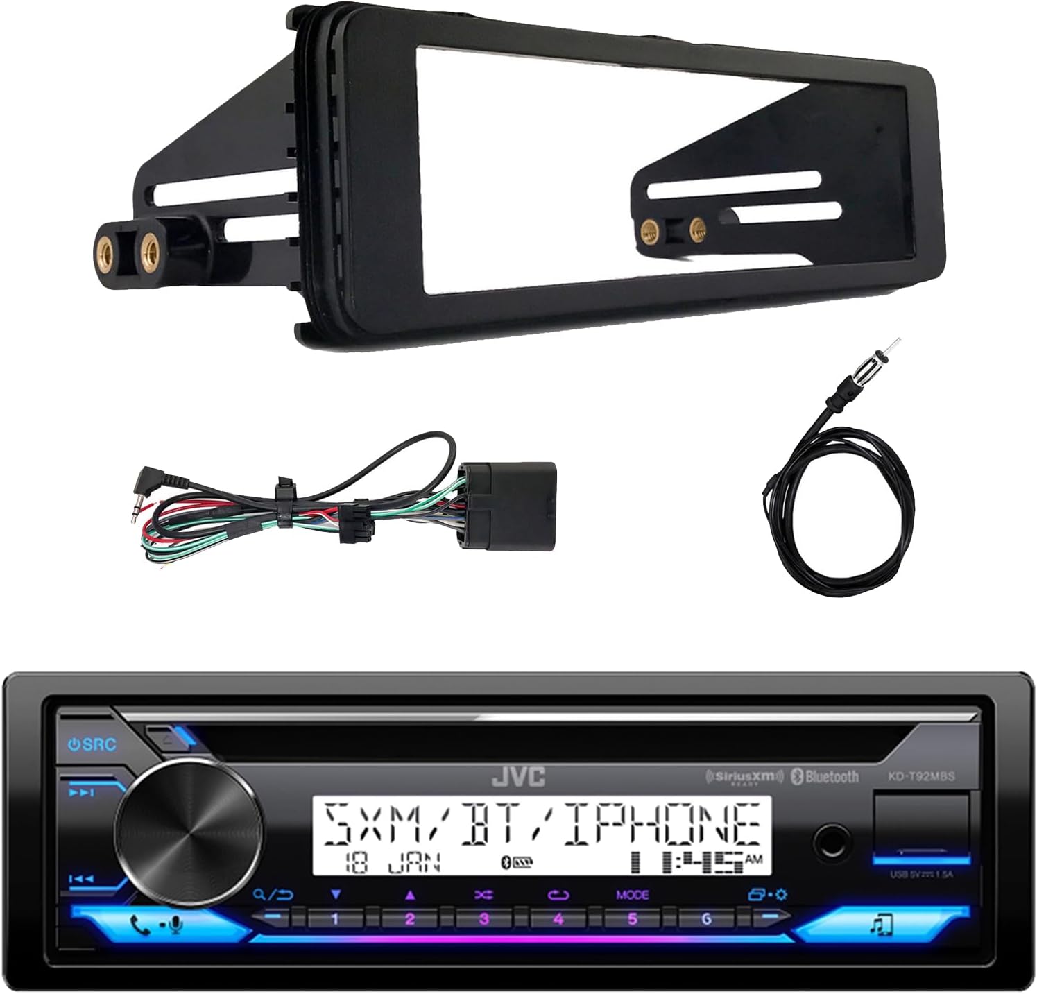 Single DIN AM/FM Radio Bluetooth CD Player Receiver with 98-13 Harley Davidson, HD Touring Stereo Installation Kit, Radio Antenna