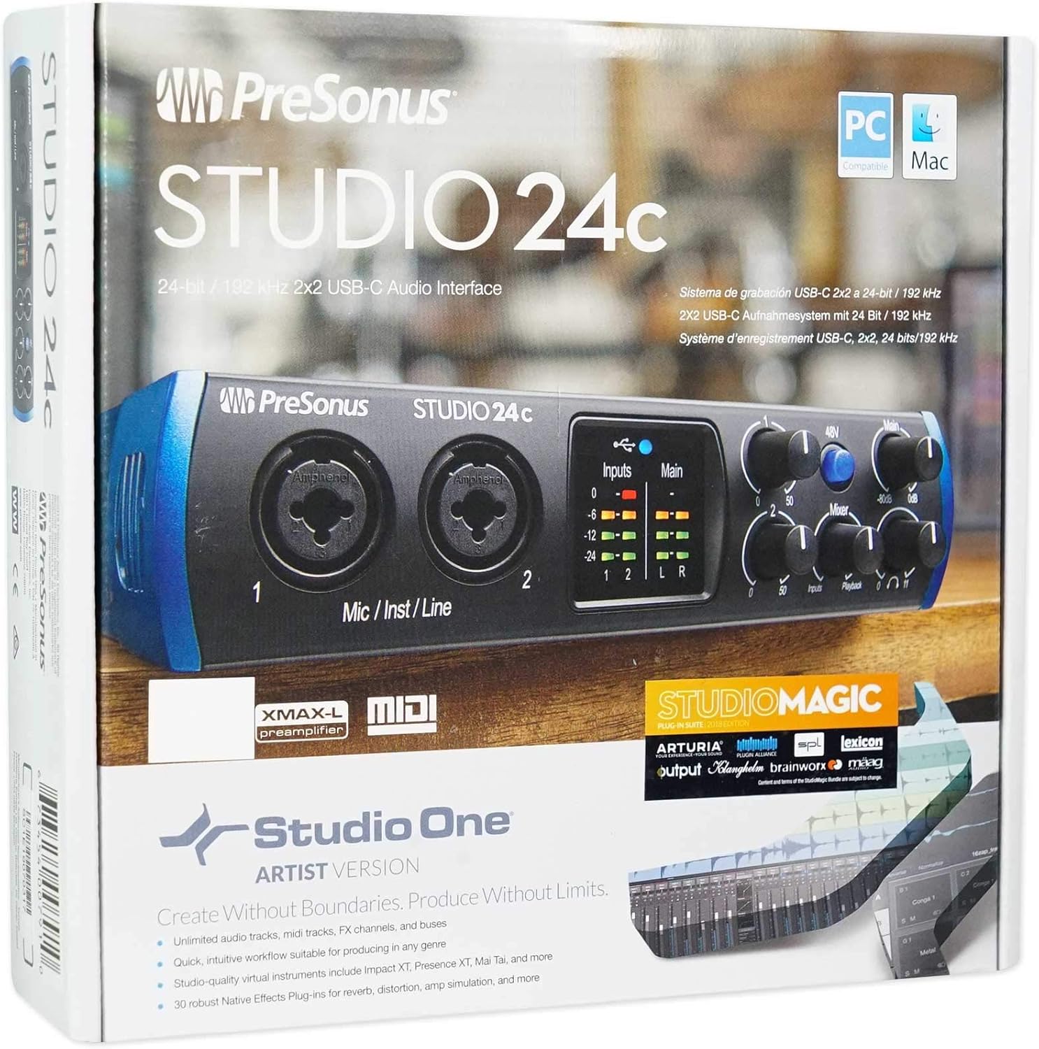 Audiosavings Bundle: Presonus STUDIO 24C 2x2 USB-C Audio MIDI Recording Interface, 2 XMAX Mic Preamps Bundle with PRESONUS S15 ART UPG Studio One 5 Professional Upgrade from Artist Versions (2 Items)