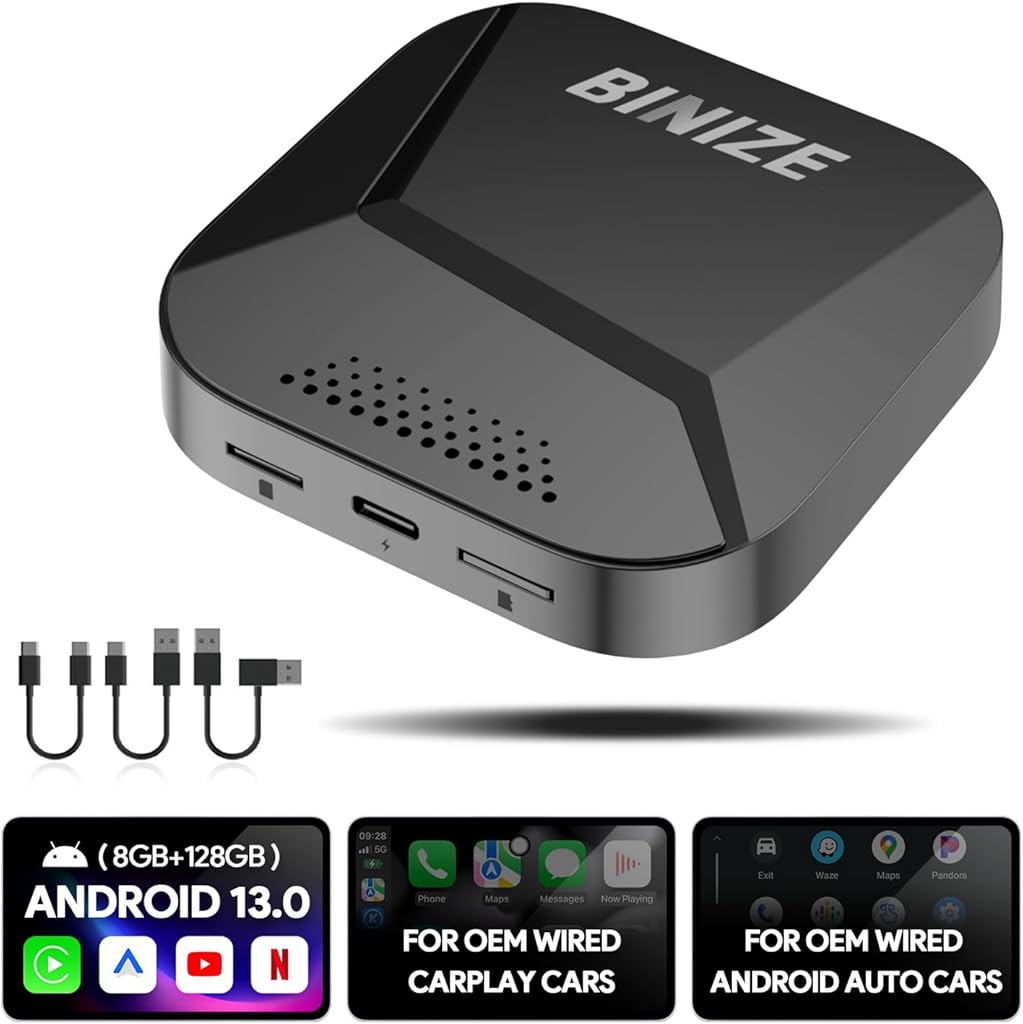 Binize Android 13 Carplay Ai Box Streaming 3.0 Wireless CarPlay/Android Auto Only Support Car OEM Wired CarPlay/AndroidAuto 8-Core (8G+128G)