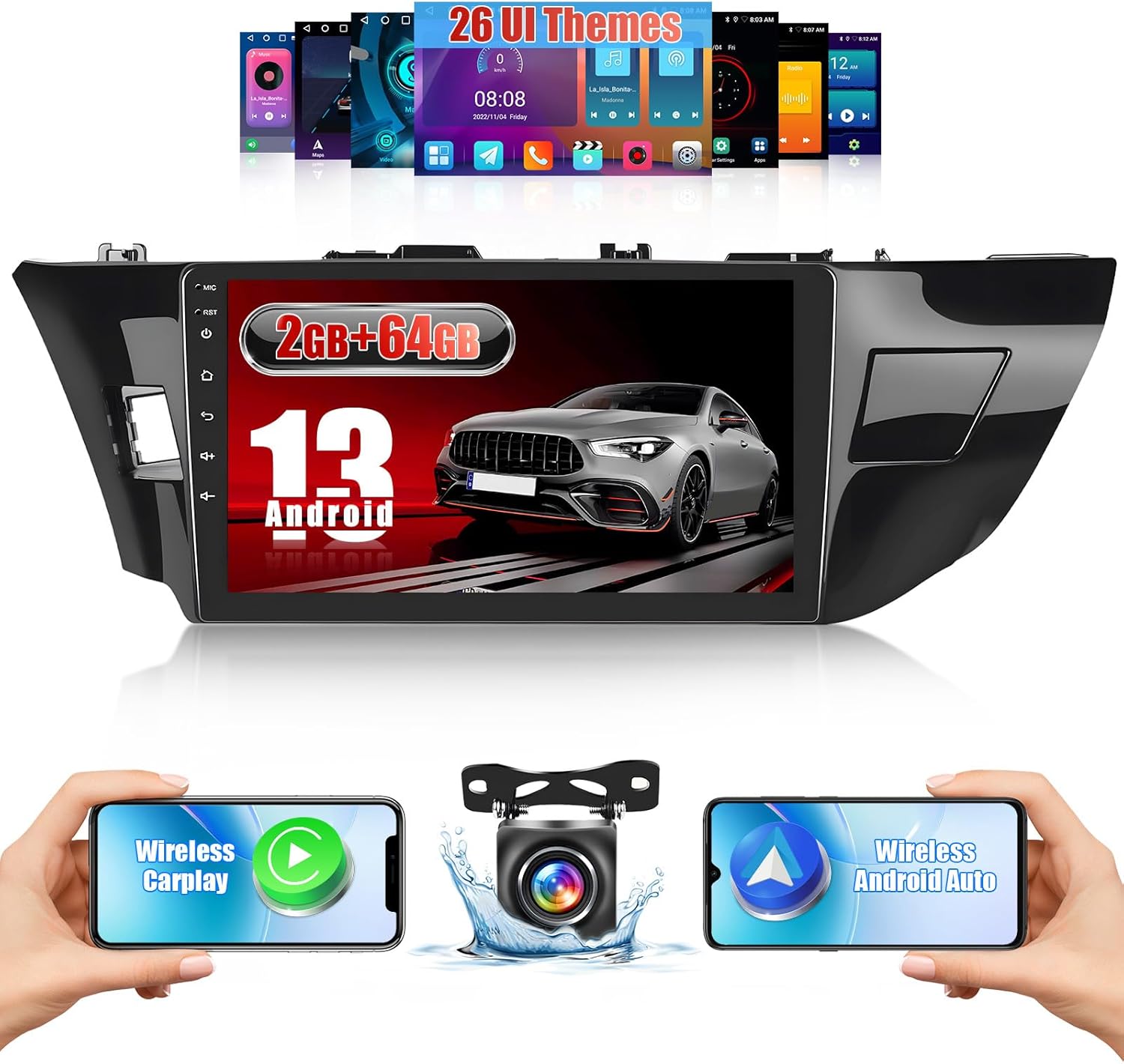 [2G+64G] Android 15 Car Stereo for Toyota Corolla/Levin 2014-2017 with Wireless Carplay/Android Auto, 9 Inch HD Touchscreen Car Radio with GPS Bluetooth WiFi FM/RDS EQ SWC Backup Camera MIC