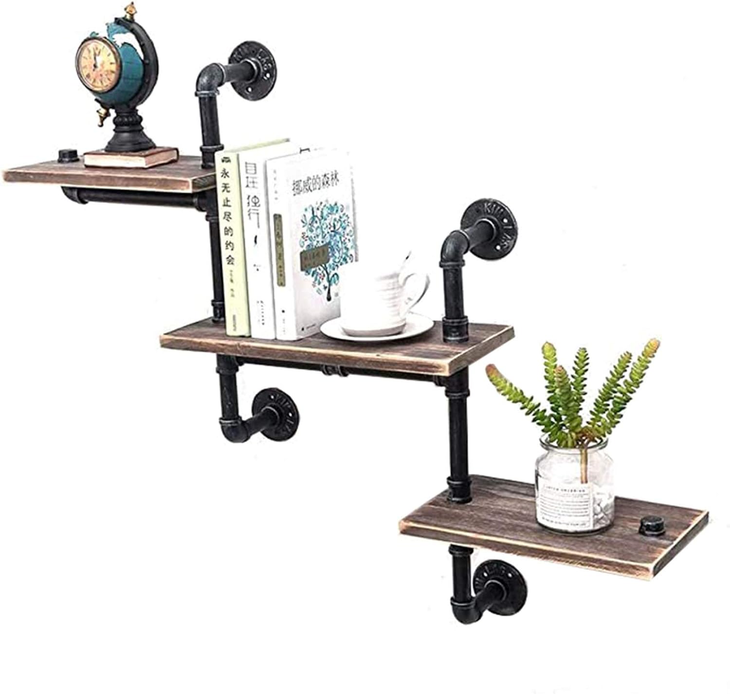 Retro Industrial Pipe Wall-Mounted Corner Stand, Rustic Utility Storage Shelves, Wood Storage Floating Shelves, Home Bookshelf Shelf
