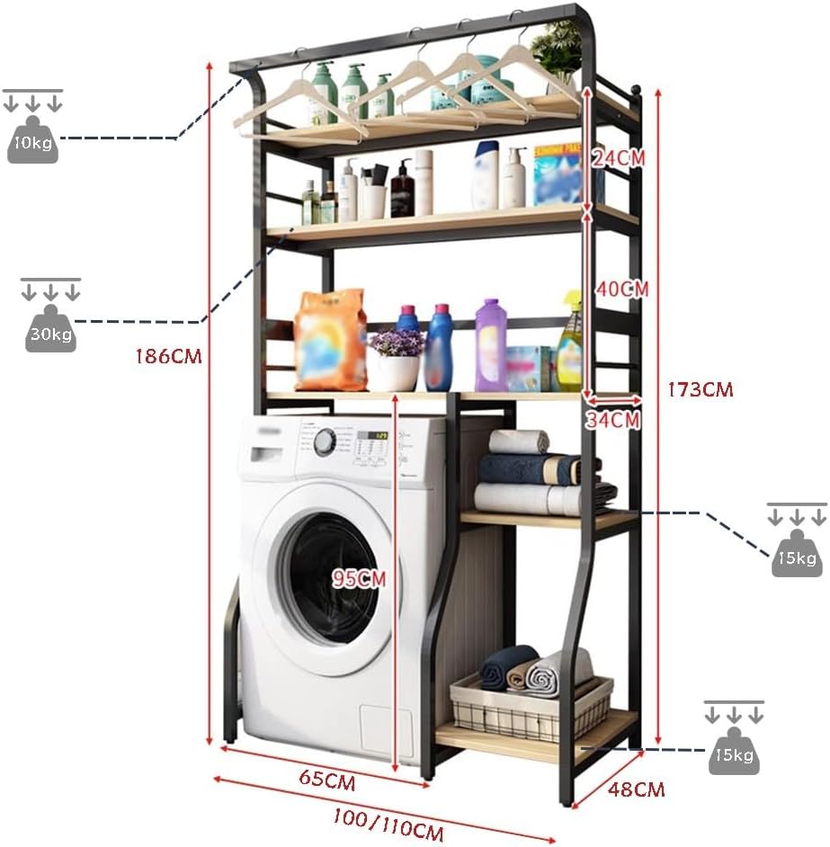 5 Tier Drum Washing Machine Storage Rack with Hanger Rail Multi Functional Over The Washer and Dryer Shelf Metal Frames for Laundry Room Storage