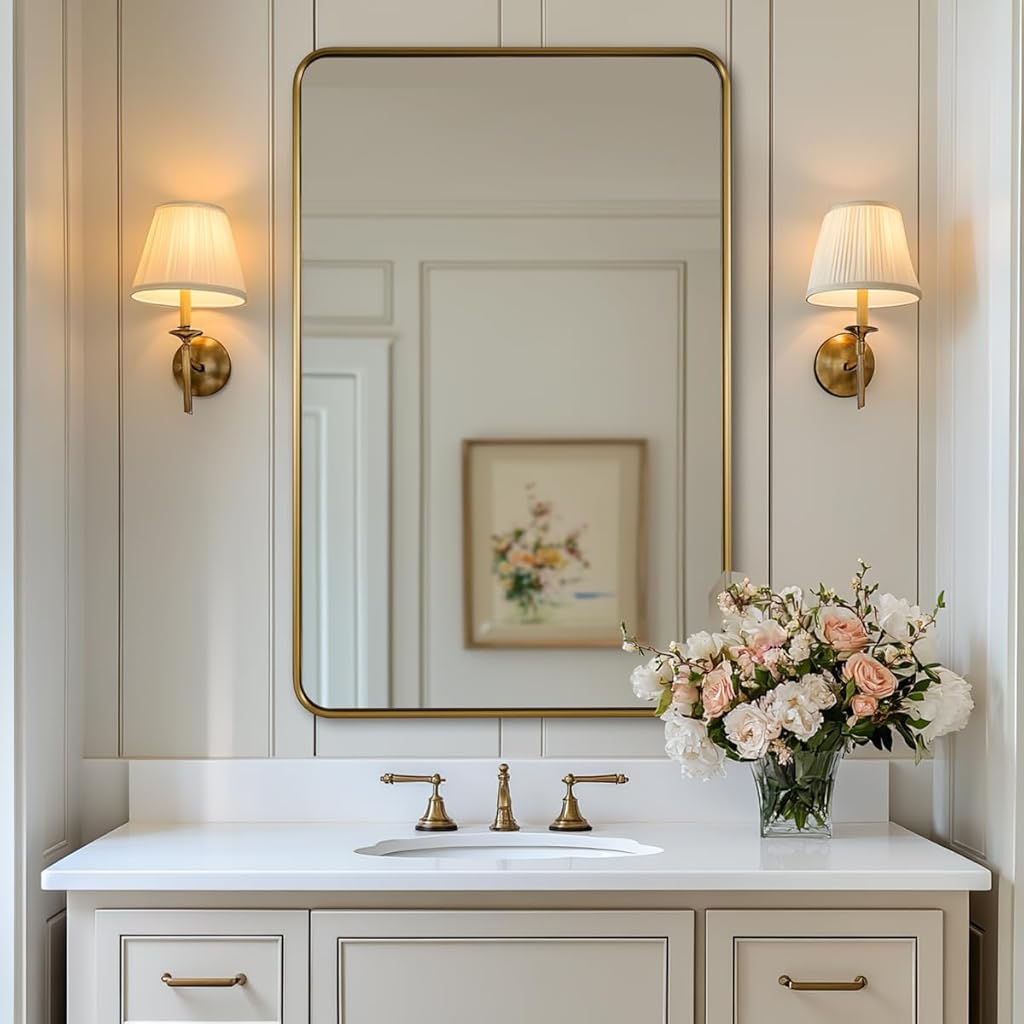 ANDY STAR Gold Bathroom Wall Mirror, 24x36 Inch Rectangle Mirror for Bathroom with Rounded Corner, Brushed Brass Rectangular Vanity Mirror with Anti-Rust Tube Metal Frame, Contemporary, Wall Mount